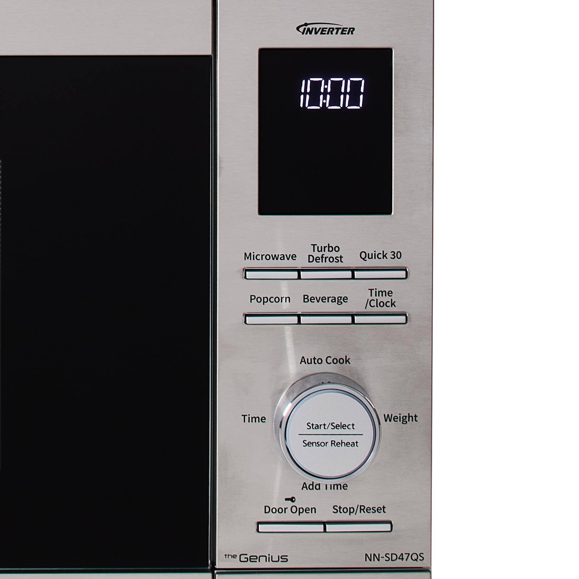 The text on the image reads: "Inverter 10:00 Turbo Microwave Defrost Quick 30 Time Popcorn Beverage /Clock Auto Cook Time Start/Select Weight Sensor Reheat Ada lime Door Open Stop/Reset the Genius NN-SD47QS."