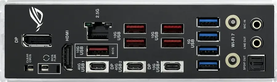 The text on the image reads:

USB 1 40G USB 2.5G 10G USB BIOS DP 10G USB+ 5G USB 7 WI-FI IN MIC OUT LINE OUT SPDIF

The corrected text should be:

USB 1 40G USB 2.5G 10G USB BIOS DP 10G USB+ 5G USB 7.1 WI-FI IN MIC OUT LINE OUT SPDIF