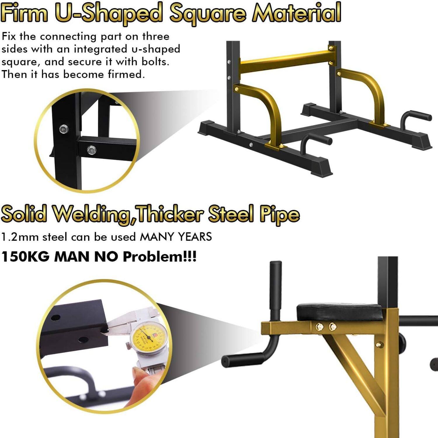 **Firm U-Shaped Square Material**

Fix the connecting part on three sides with an integrated u-shaped square, and secure it with bolts. Then it has become firmer.

**Solid Welding, Thicker Steel Pipe**

1.2mm steel can be used MANY YEARS 150KG MAN NO Problem!!!