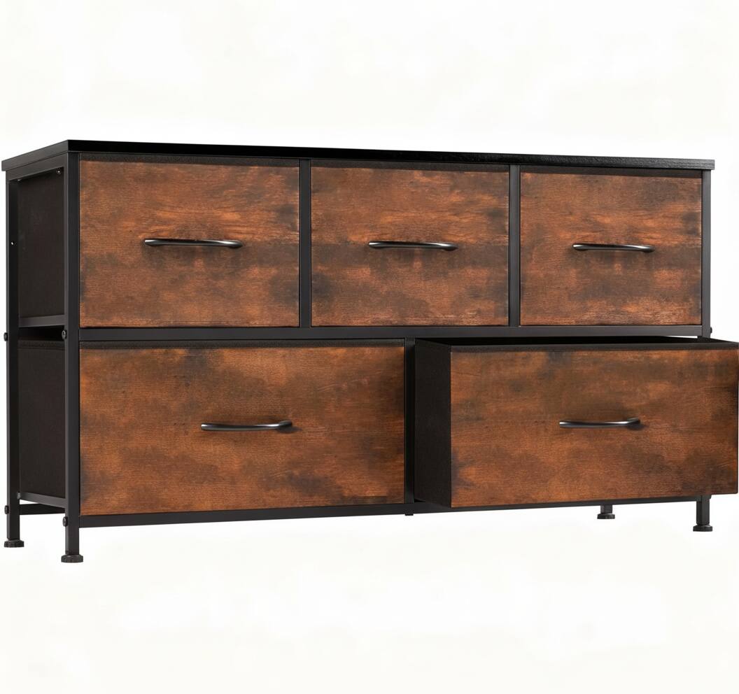 Front. AOITUN - 5-Drawer Wide Fabric Dresser for Bedroom - Tall Chest Drawer for Small Spaces - brown.