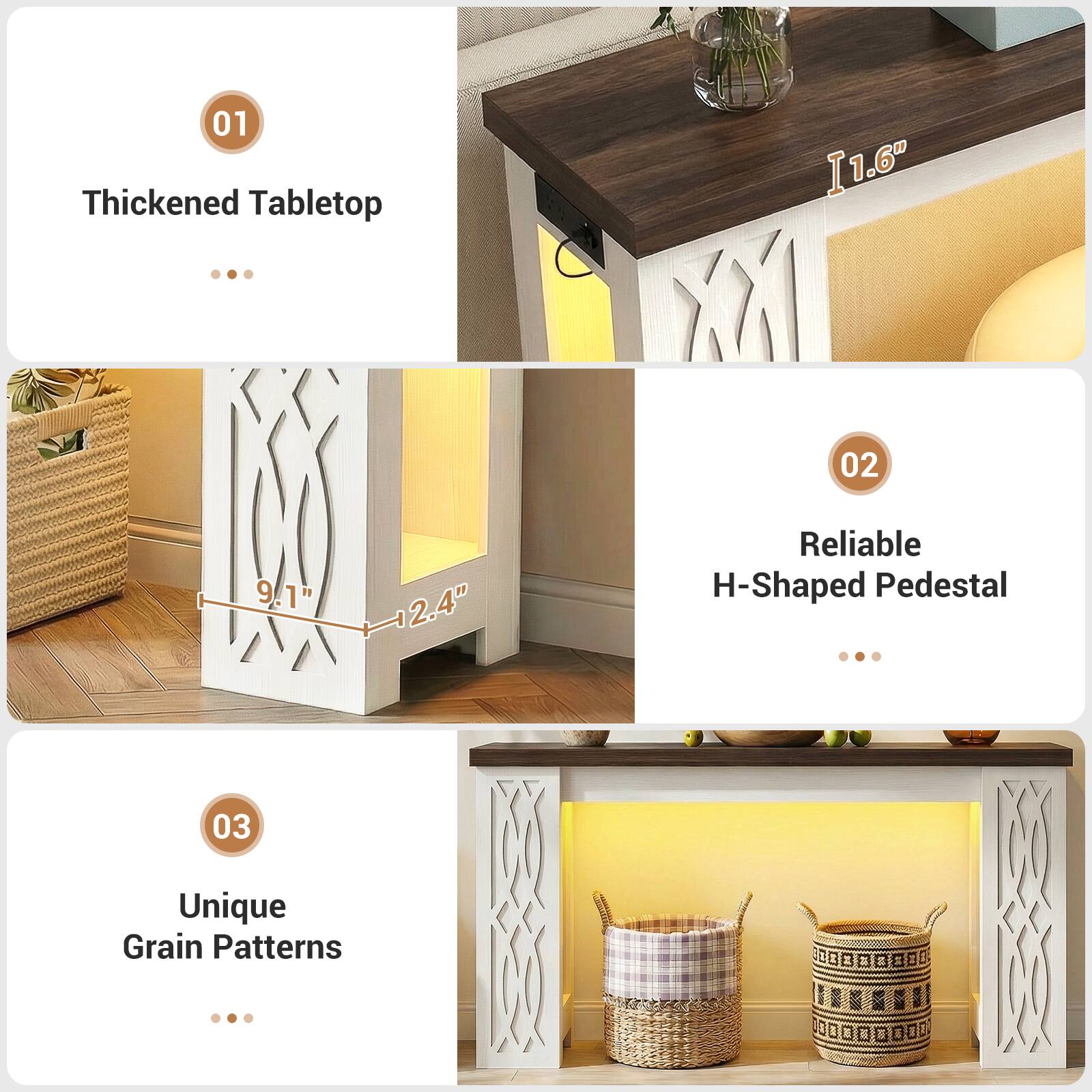 01 Thickened Tabletop  
02 Reliable H-Shaped Pedestal  
03 Unique Grain Patterns