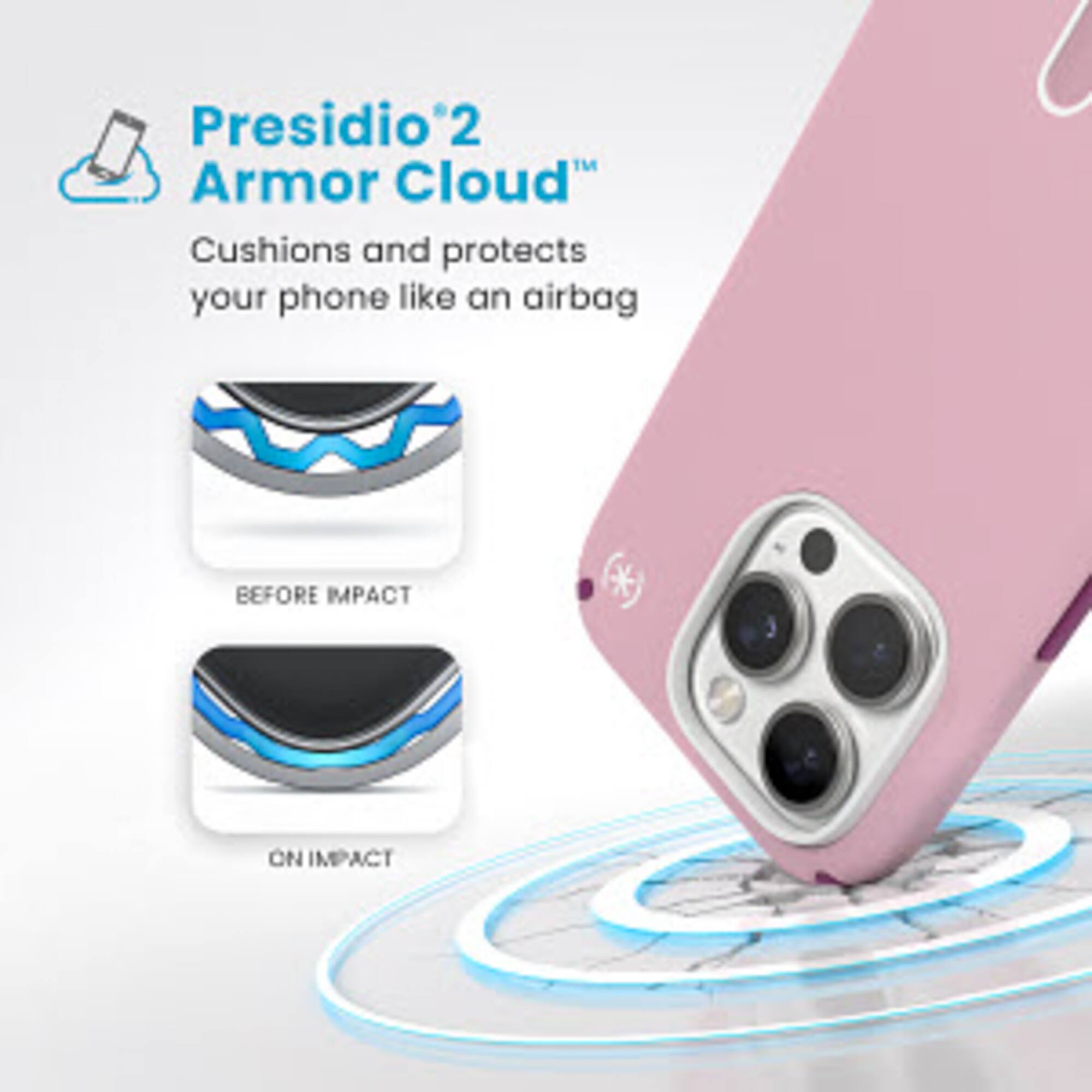 Presidio 2 Armor Cloud: Cushions and protects your phone like an airbag. Before impact. On impact.