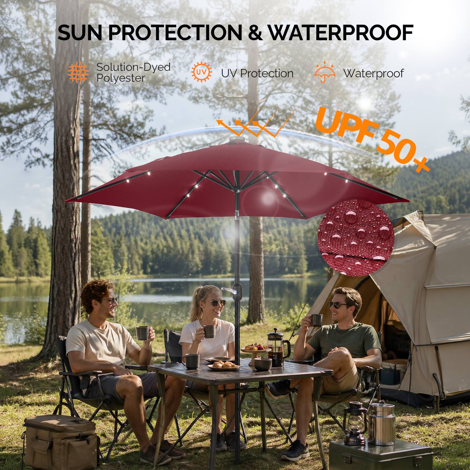 SUN PROTECTION & WATERPROOF  
Solution-Dyed Polyester  
UV Protection  
Waterproof  
UPF 50+