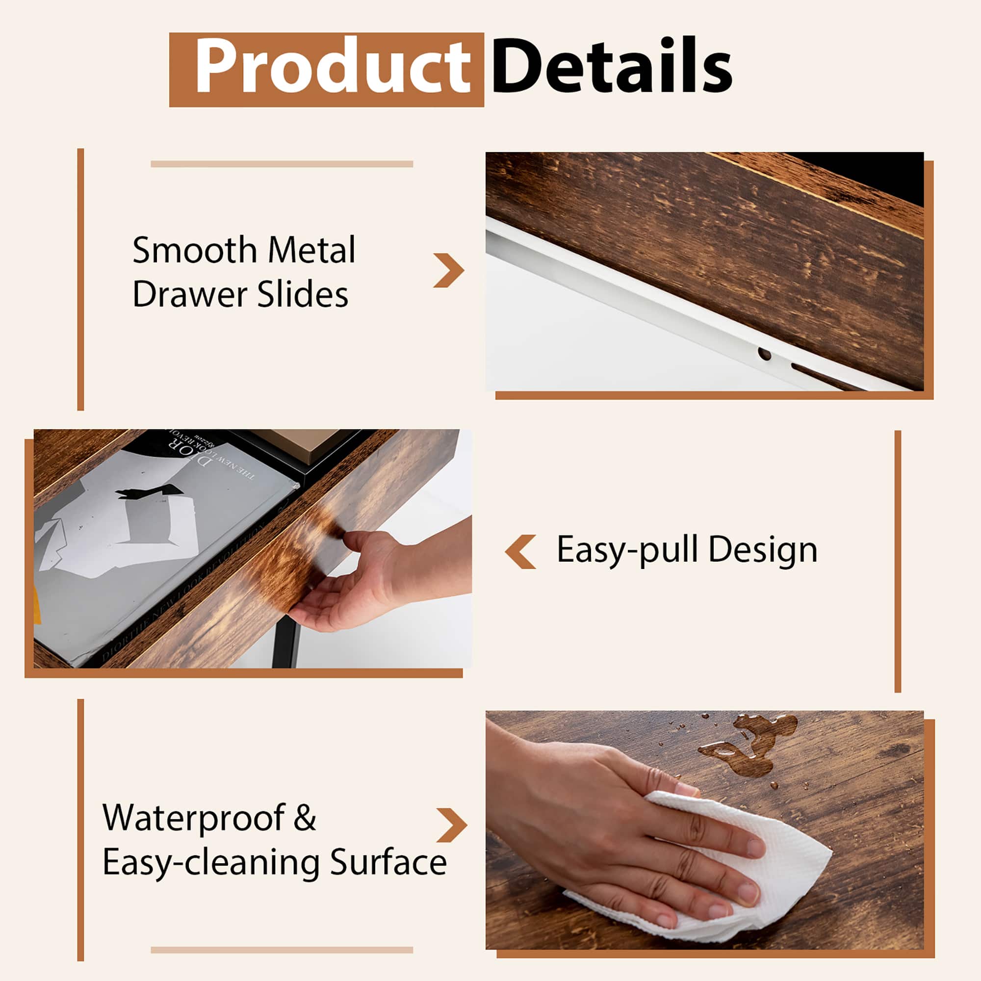 Product Details:
1. Smooth Metal Drawer Slides
2. Easy-pull Design
3. Waterproof & Easy-cleaning Surface
