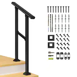 LOVMOR - 1 Pack 2 Step Hand Rails for Outdoor Steps Wrought Iron Railing - Black