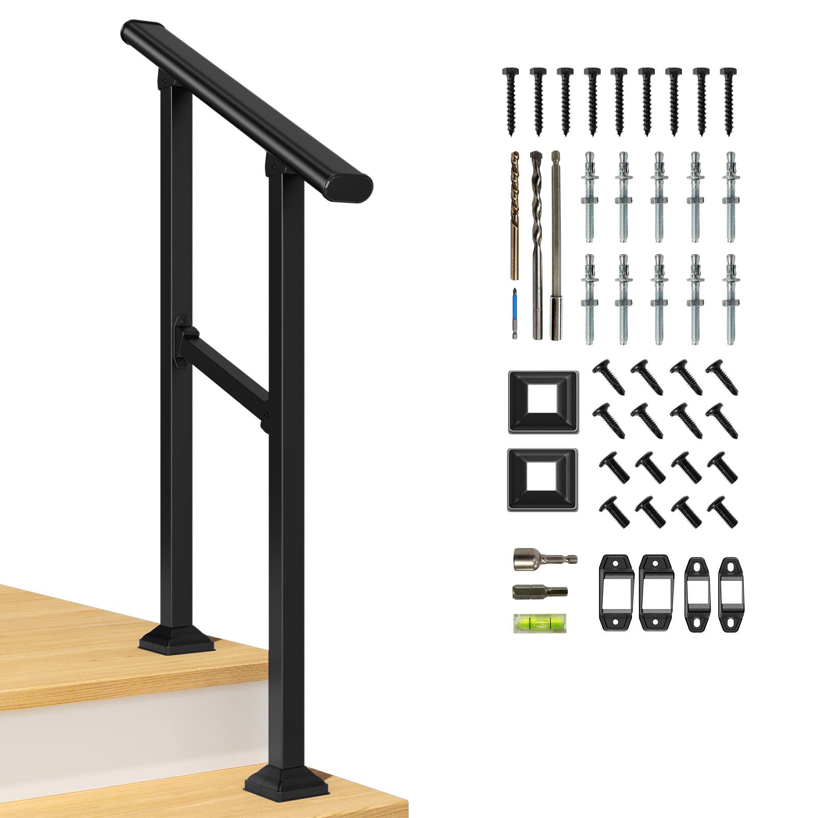 Front. LOVMOR - LOVMOR 1 Pack 2 Step Hand Rails for Outdoor Steps Wrought Iron Railing - Black.