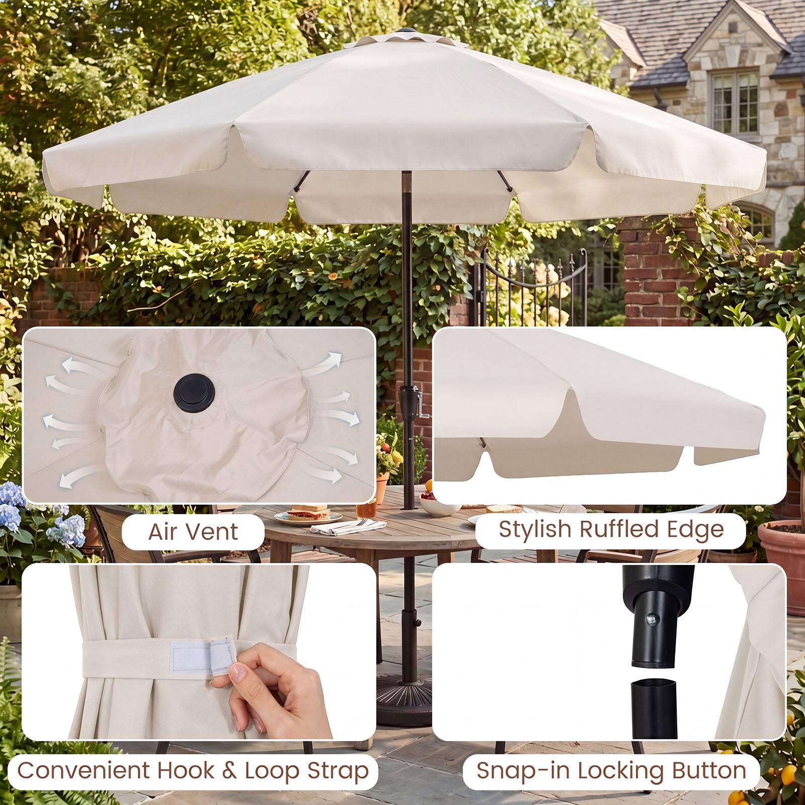 Air Vent  
Stylish Ruffled Edge  
Convenient Hook & Loop Strap  
Snap-in Locking Button