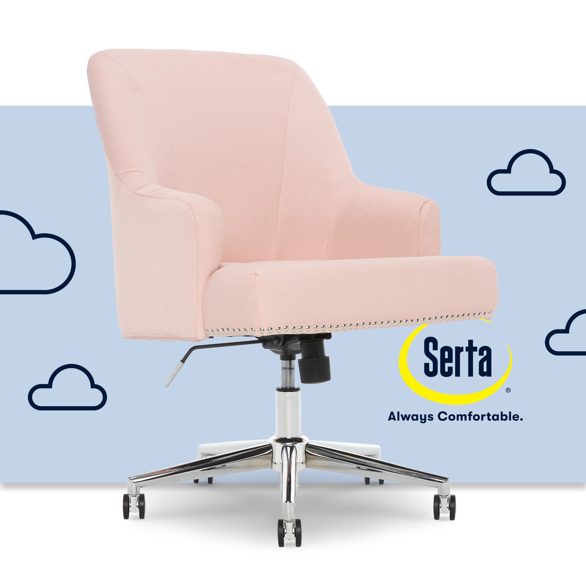 The image features a pink Serta chair with a white base. The chair is positioned on a wheeled stand, and there are clouds in the background. The text "Serta Always Comfortable" is displayed prominently in the image, emphasizing the comfort of the chair.