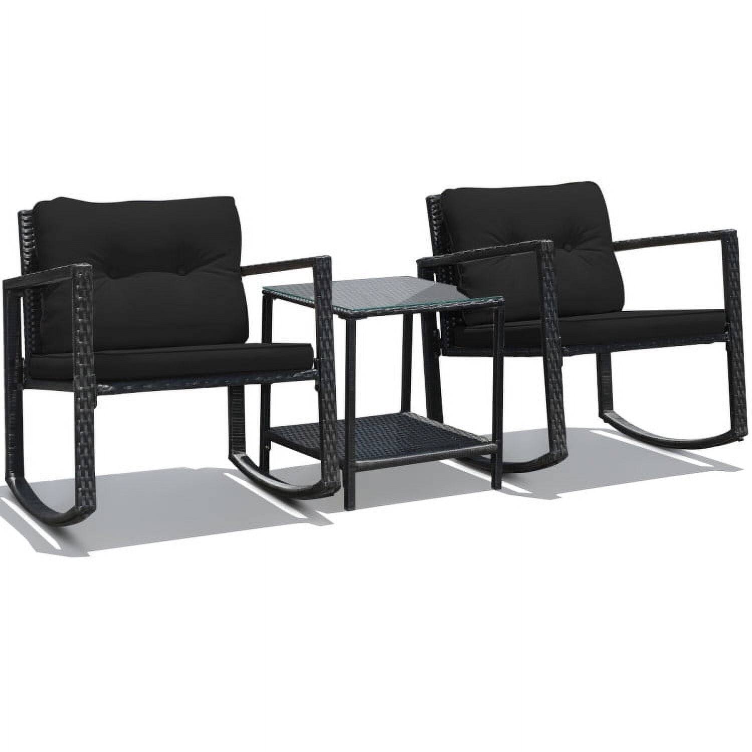 Alt View 3. Pefilos - 3 Piece Rocking Bistro Set with Cushioned Sofa , Outdoor Furniture with Rocker Chairs and Coffee Table Set of 3 - Black.
