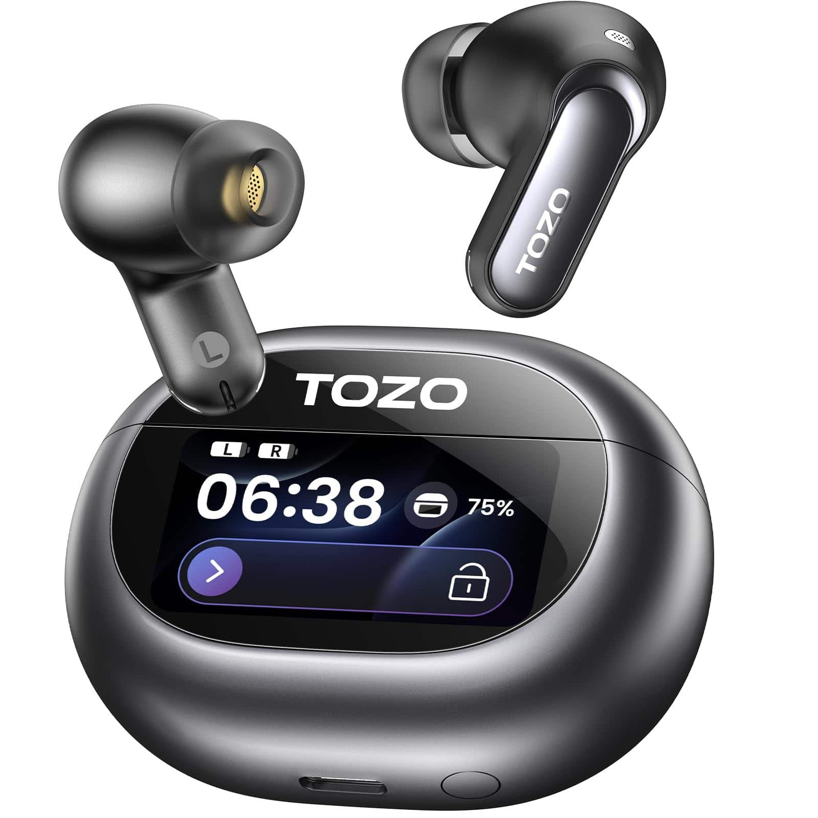 TOZO - NC20 Pro ANC Earbuds – Touch Screen, LDAC Hi-Res, 6-Mic AI Calls, 80H Playtime, IPX8, Wireless Charge - Black