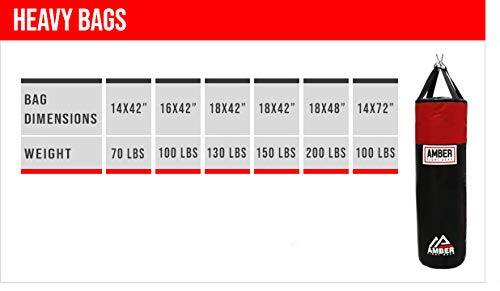 HEAVY BAGS

BAG DIMENSIONS WEIGHT
14X42" 70 LBS
16X42" 100 LBS
18X42" 130 LBS
18X42" 150 LBS
18X48" 200 LBS
14X72" 100 LBS

AMBER