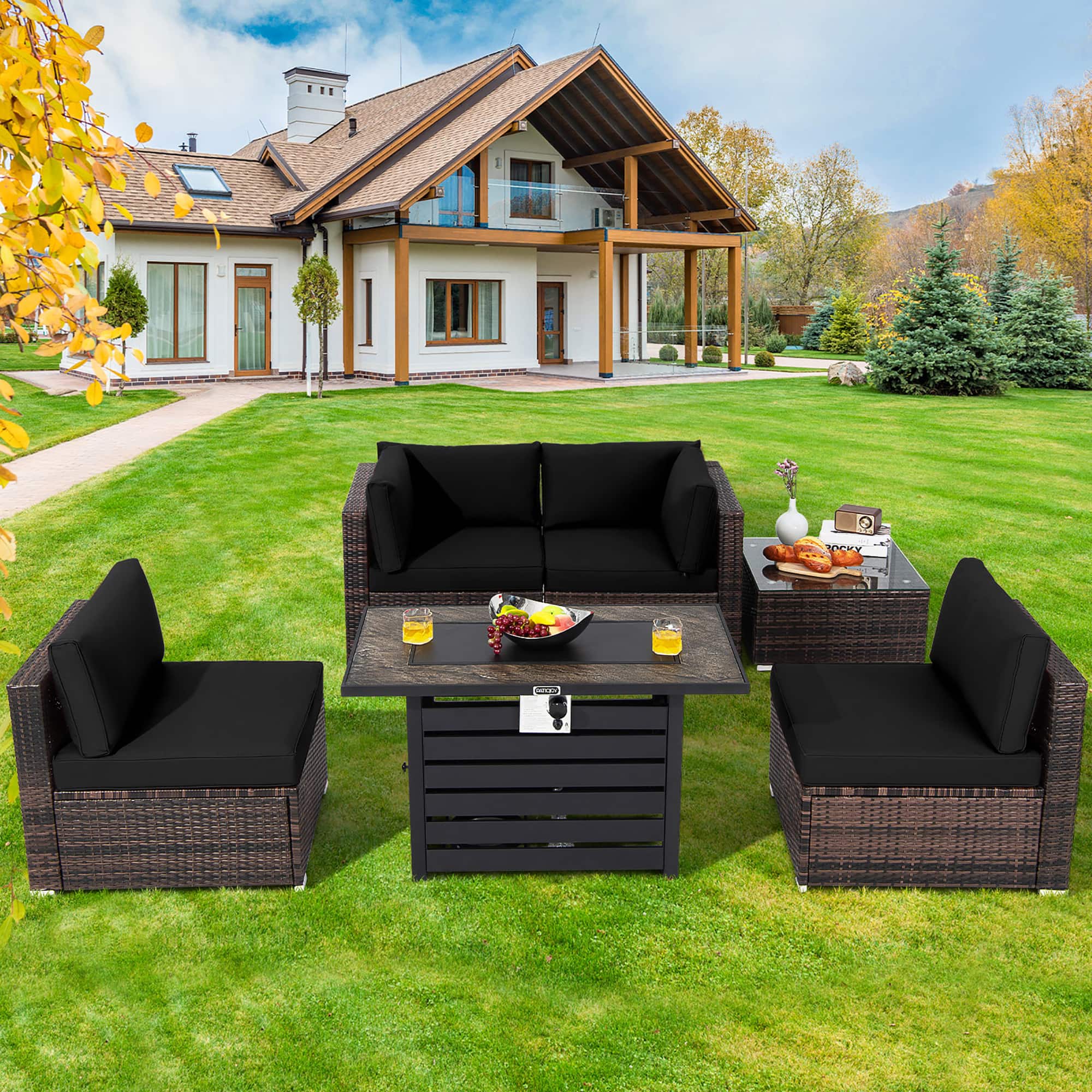 Costway - 6PCS Patio Rattan Furniture Set 42" Fire Pit Table Cover Sofa Cushion - Mix Brown/Black