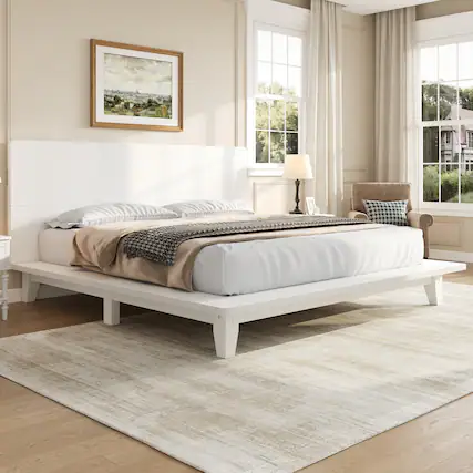 Front. Whisen - Wood Platform Bed Frame with Headboard, Sturdy Bed Support for Bedroom - White.