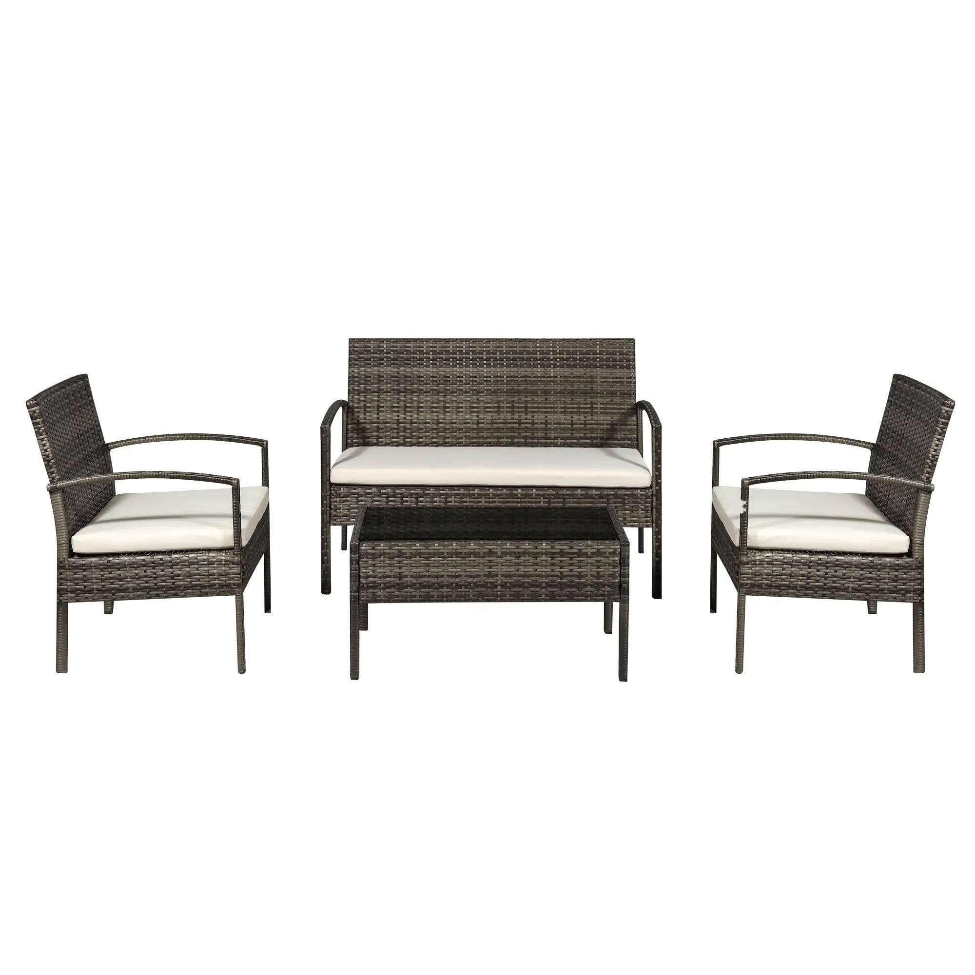 Front. Resenkos - Resenkos 4 Pieces Indoor Outdoor PE Wicker Conversation Set, Outdoor Sectional Furniture, PE Rattan, Light Gray - Light Gray.
