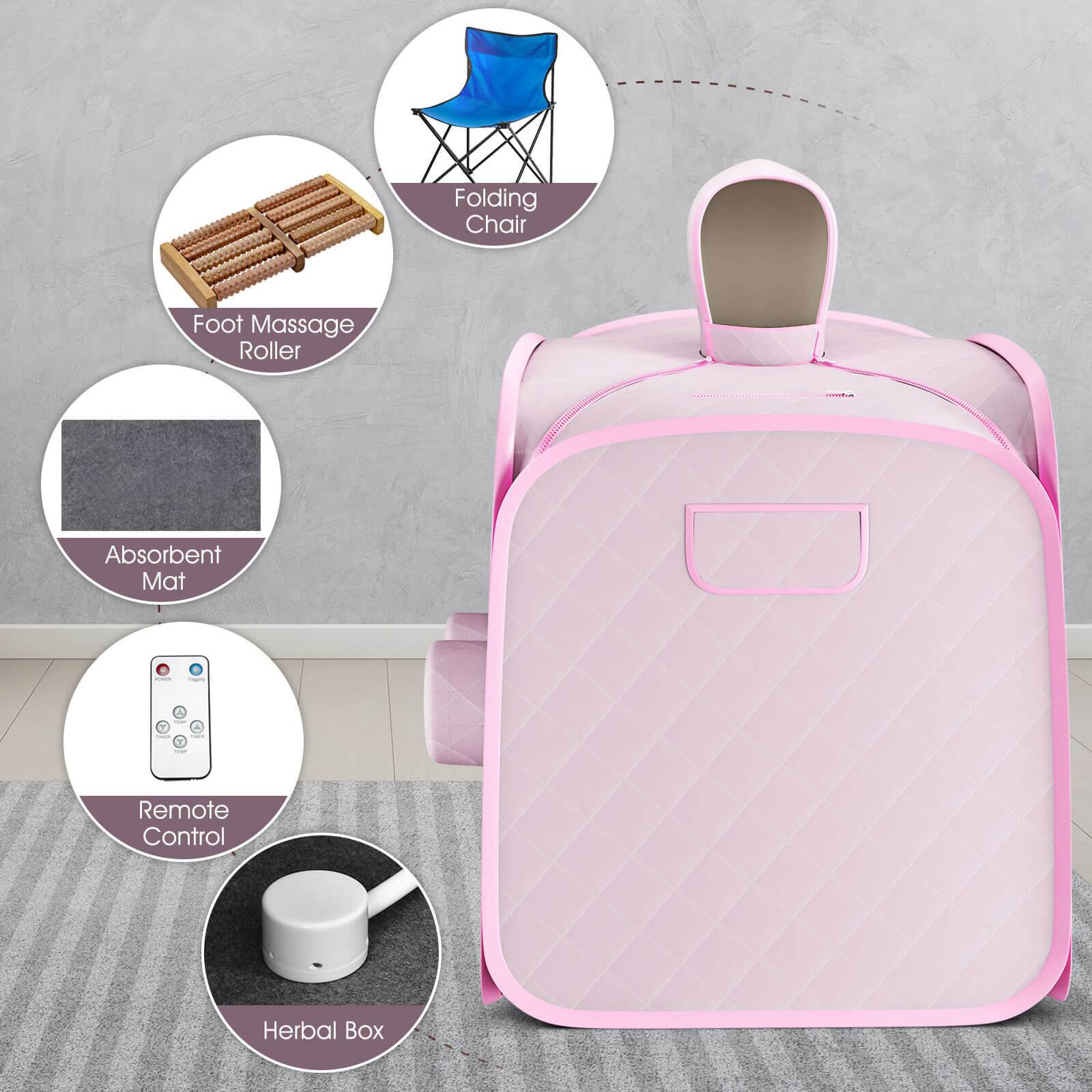 The text on the image is already grouped and correctly labeled. The image shows a pink suitcase with a foot massage roller, folding chair, absorbent mat, remote control, and herbal box.
