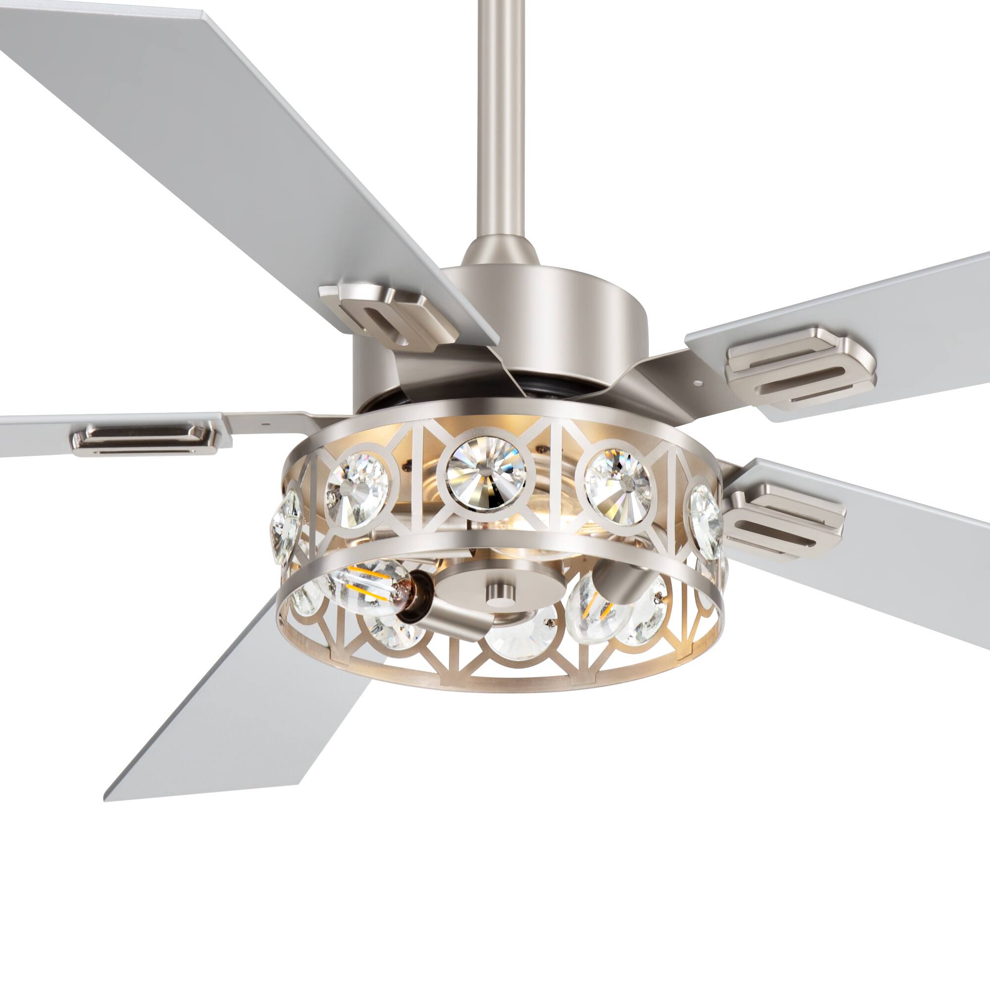 Left. Breezary - 48-Inch Ceiling Fan with 5 Plywood Blades, DC Motor, 6-Speed Remote Control, 4'' & 8'' Downrods, Timer & Memory - Satin Nickel and Silver.