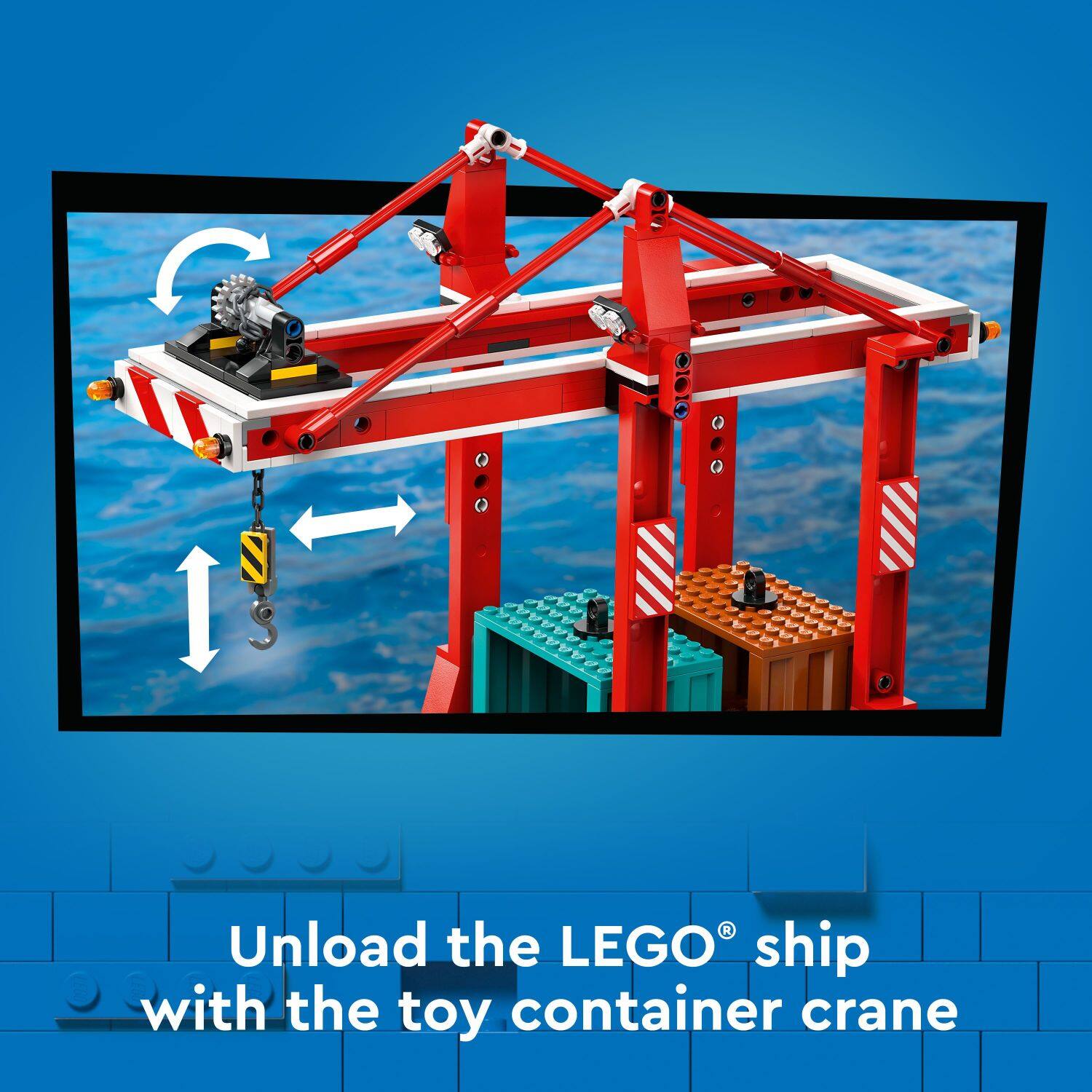 Unload the LEGO ship with the toy container crane.