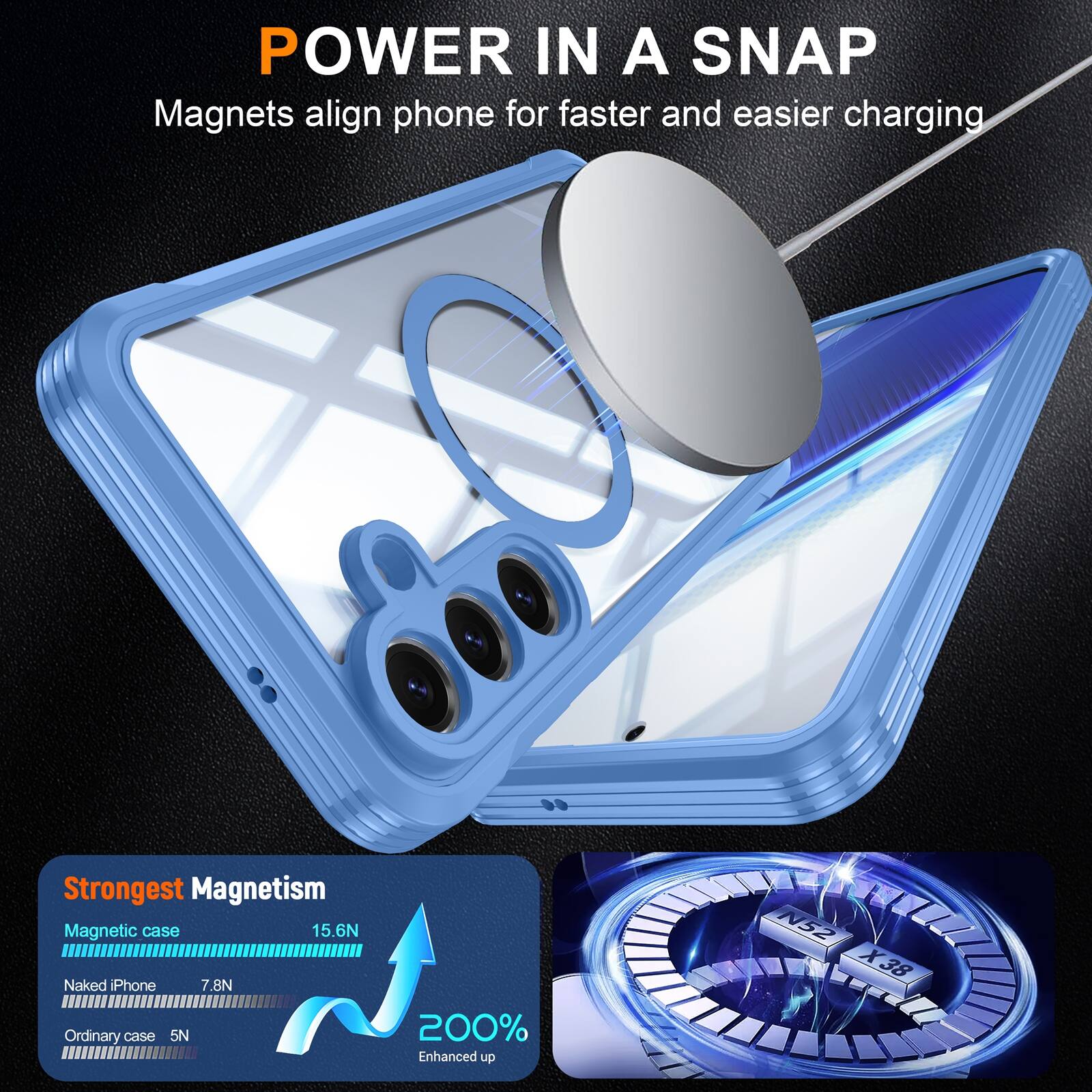 POWER IN A SNAP  
Magnets align phone for faster and easier charging

Strongest Magnetism  
Magnetic case 15.6N  
Naked iPhone 7.8N  
Ordinary case 5N  
200% Enhanced up  
N52 X38