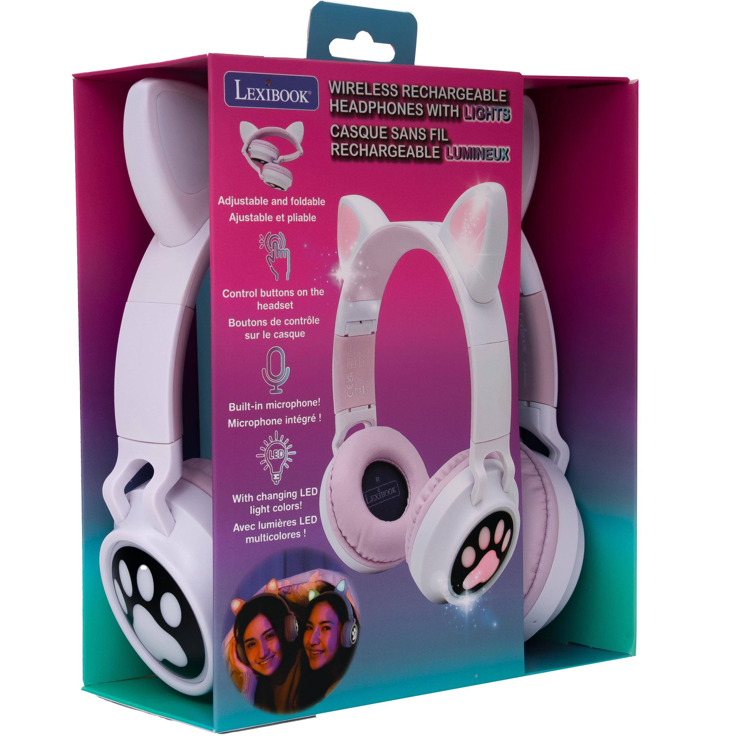 LEXIBOOK WIRELESS RECHARGEABLE HEADPHONES WITH LIGHTS  
CASQUE SANS FIL RECHARGEABLE LUMINEUX  

Adjustable and foldable  
Ajustable et pliable  

Control buttons on the headset  
Boutons de contrôle sur le casque  

Built-in microphone!  
Microphone intégré!  

LED changing LED With light colors!  
Avec lumières LED multicolores!  

LEXIBOOK