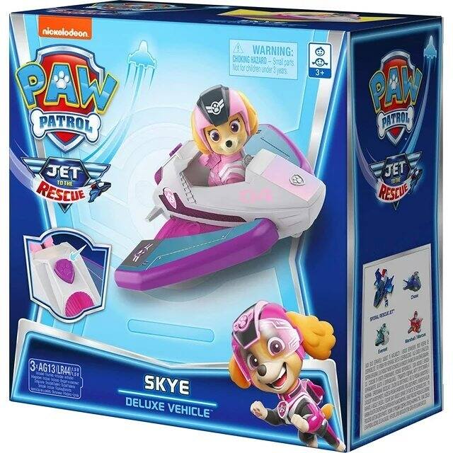 nickelodeon PAW PATROL 8 | WARNING: CHOKING HAZARD - Small parts Not for children under 3 years. 3+  
PAW PATROL JET TO THE RESCUE  
SKYE DELUXE VEHICLE  
3 x AG13 LR44 1.5V