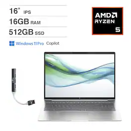 HP - ProBook 465 Laptop 16.0 WUXGA (AMD Ryzen 5 7535U, 16GB DDR5, 512GB PCIe SSD, Win 11 Pro) w/USB Hub - Pike Silver