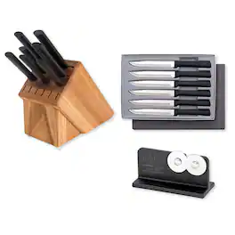 Rada - Essential Oak 8 Piece Knife Block Set with Knife Sharpener & 6 Piece Steak Knife Set, Handles - Black