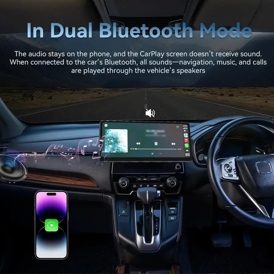 In Dual Bluetooth Mode, the audio stays on the phone, and the CarPlay screen doesn't receive sound. When connected to the car's Bluetooth, all sounds - navigation, music, and calls - are played through the vehicle's speakers.