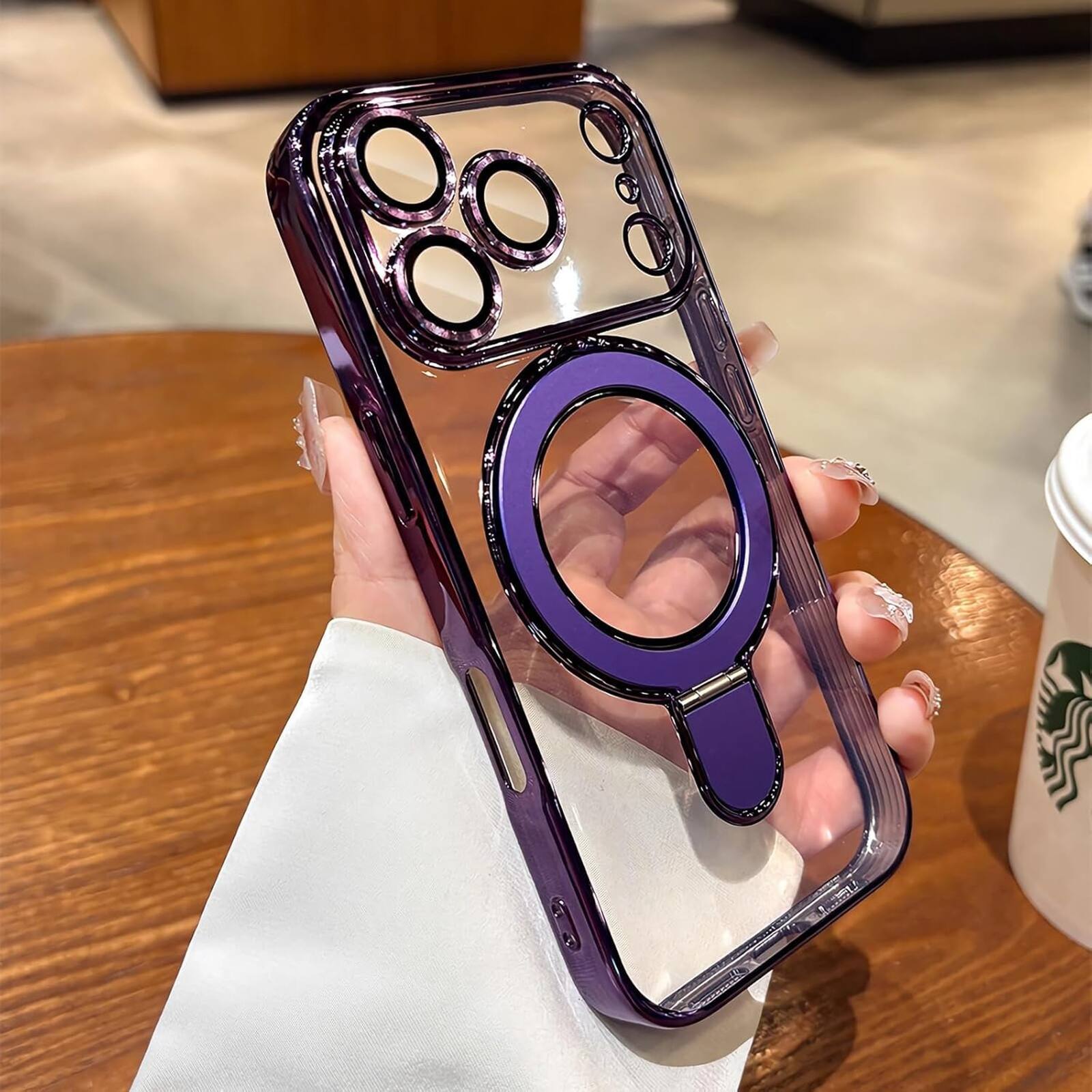 Left. UUCOVER - Magnetic Case for iPhone 18 Pro Max,Shockproof TPU+PC Clear Case Ring Stand Compatible with MagSafe Camera Lens Cover - Darkpurple.
