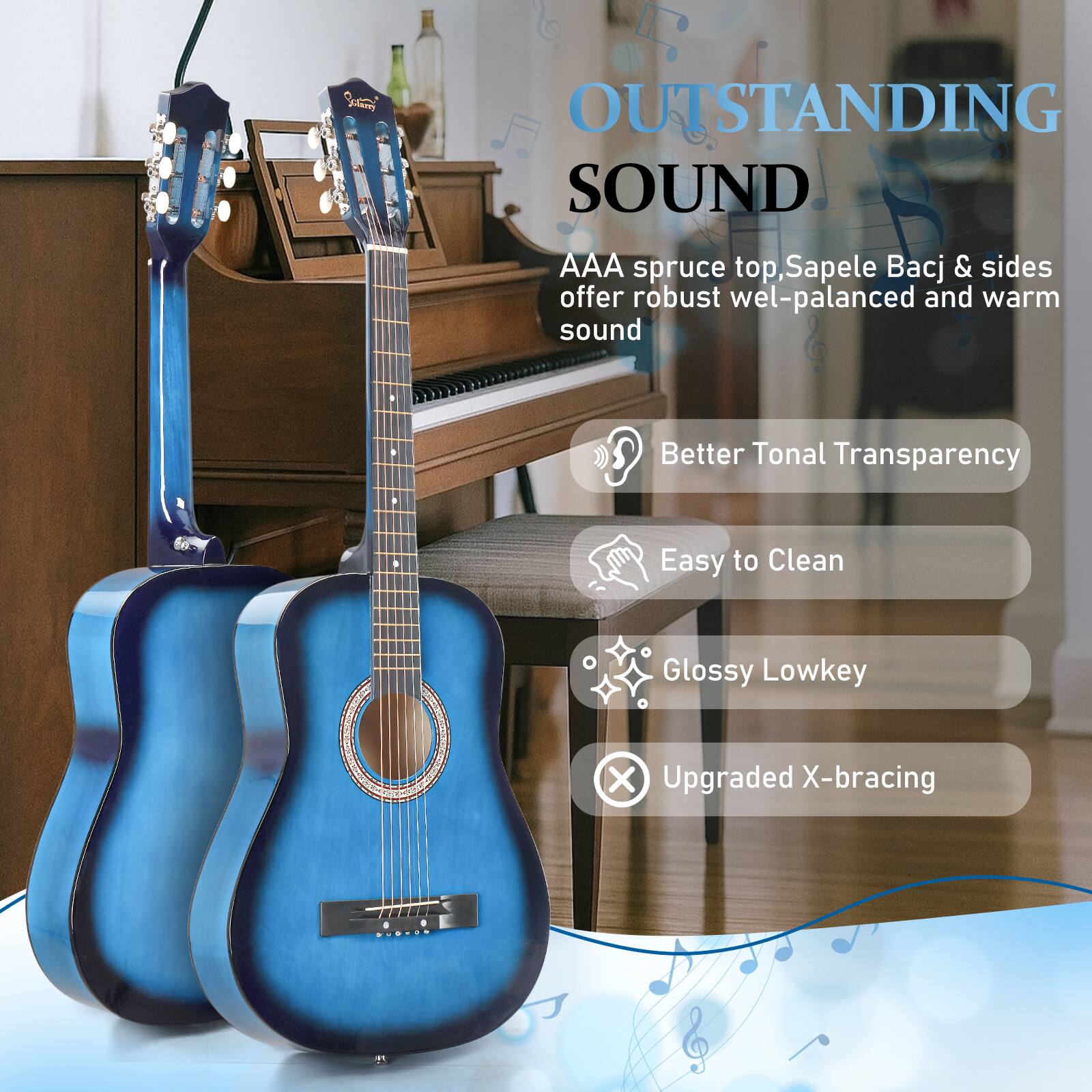 OUTSTANDING SOUND

AAA spruce top, Sapele back & sides offer robust well-balanced and warm sound

- Better Tonal Transparency
- Easy to Clean
- Glossy Lowkey
- Upgraded X-bracing