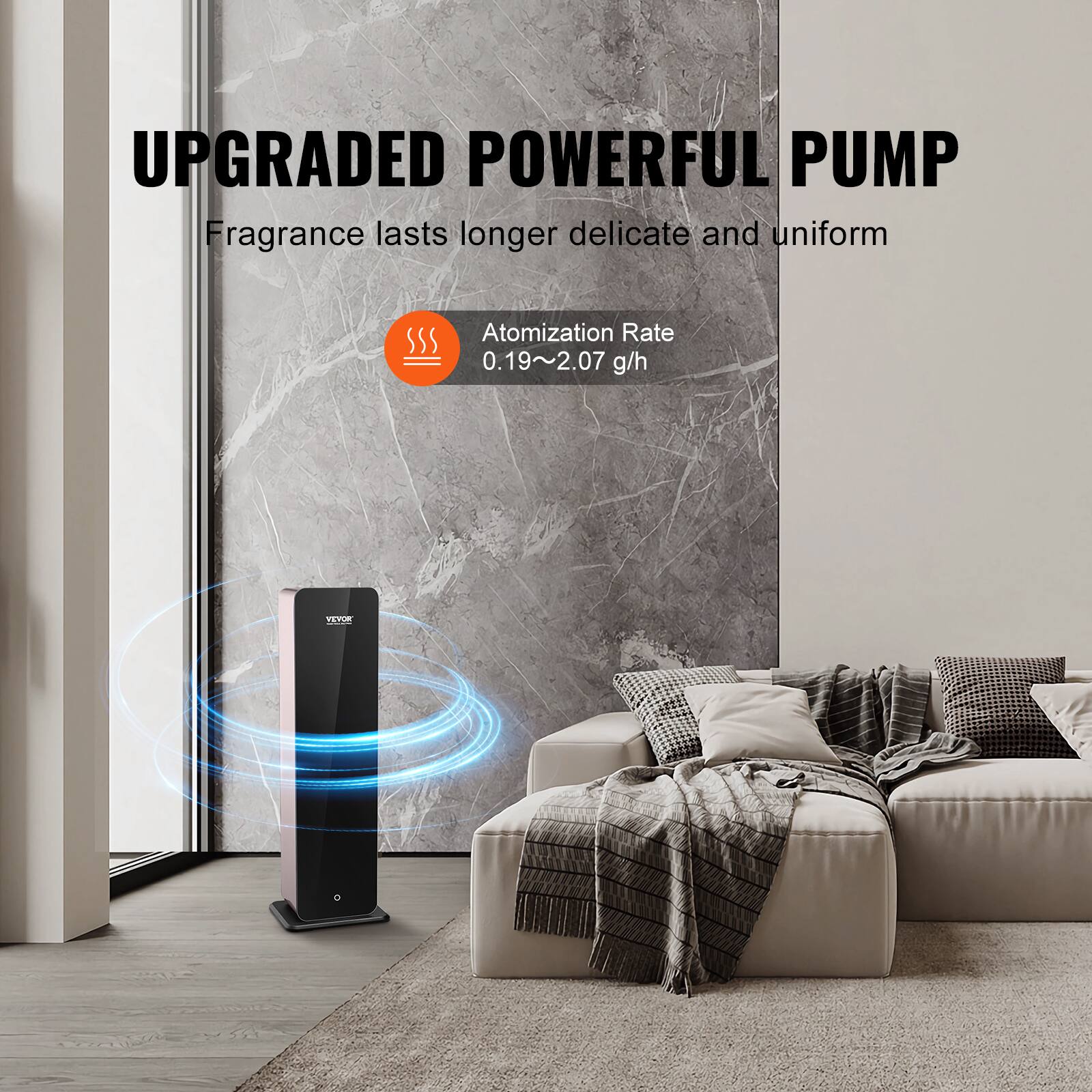 UPGRADED POWERFUL PUMP  
Fragrance lasts longer delicate and uniform  

Atomization Rate  
0.19~2.07 g/h