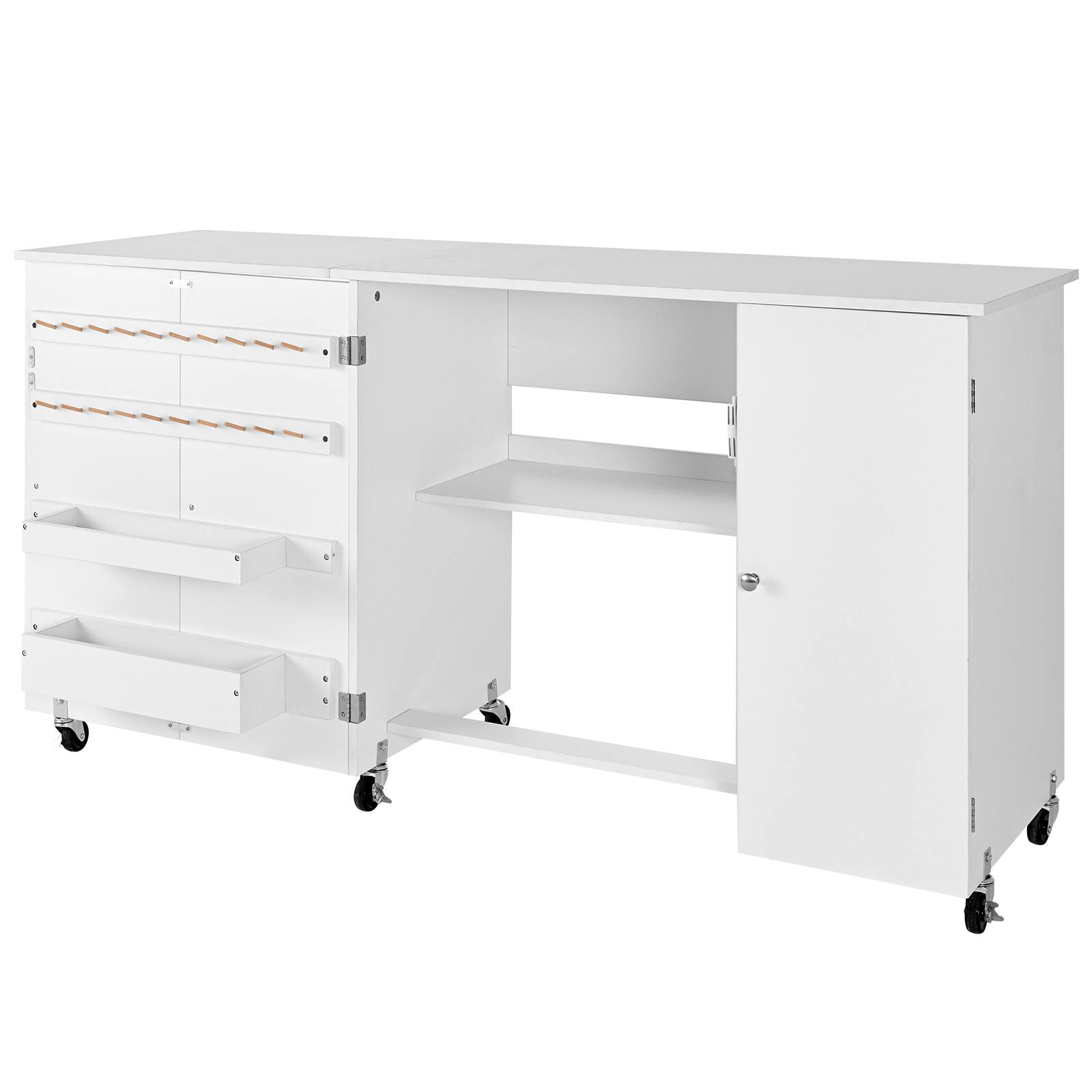 Alt View 5. VEVOR - Folding Sewing Table, Multipurpose Sewing Machine Table with Cabinet, Compact Design, Wheels, Wooden Pegs, Storage Trays - White.