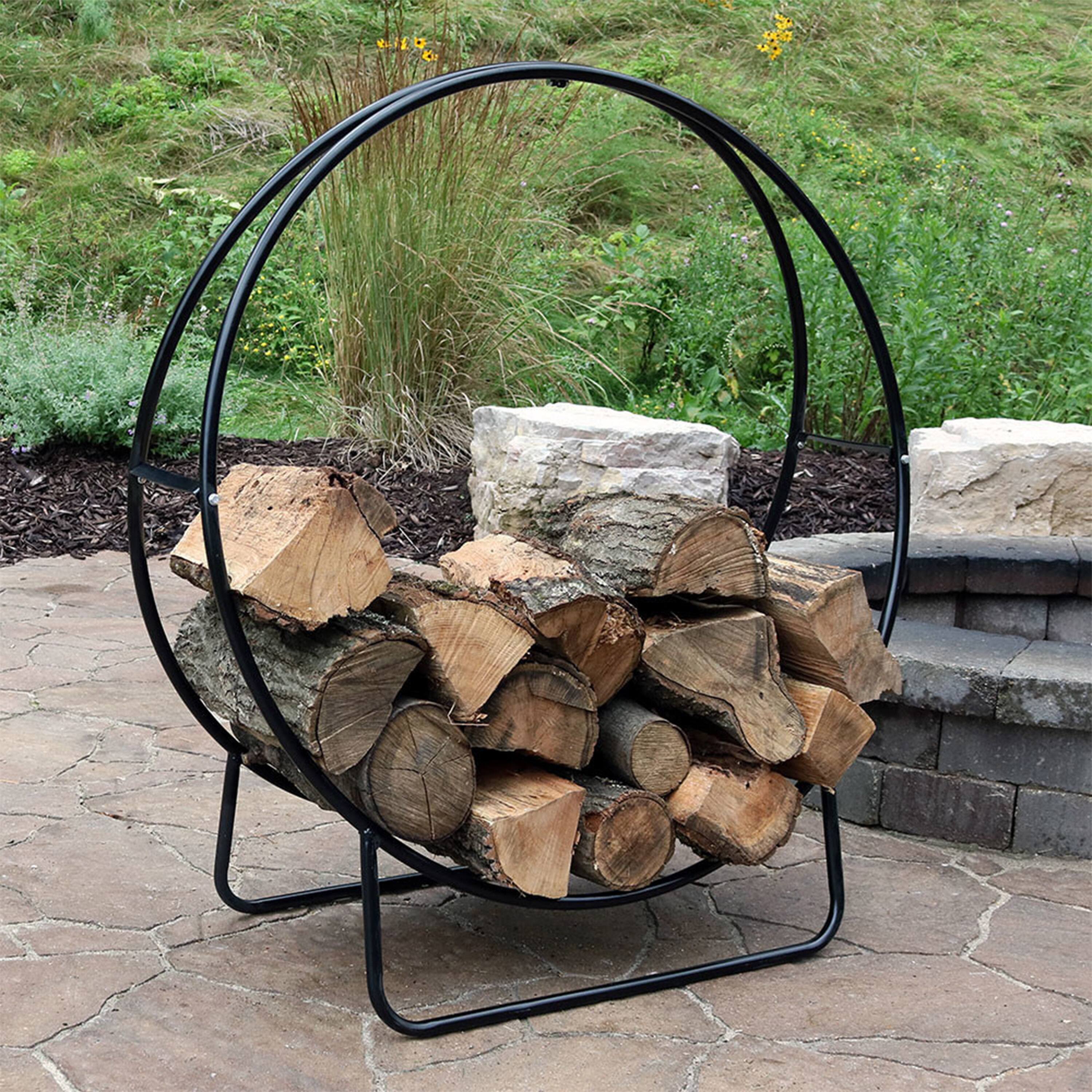 Alt View 8. Sunnydaze - 40 in Powder-Coated Steel Firewood Log Hoop Rack with Cover - Black.