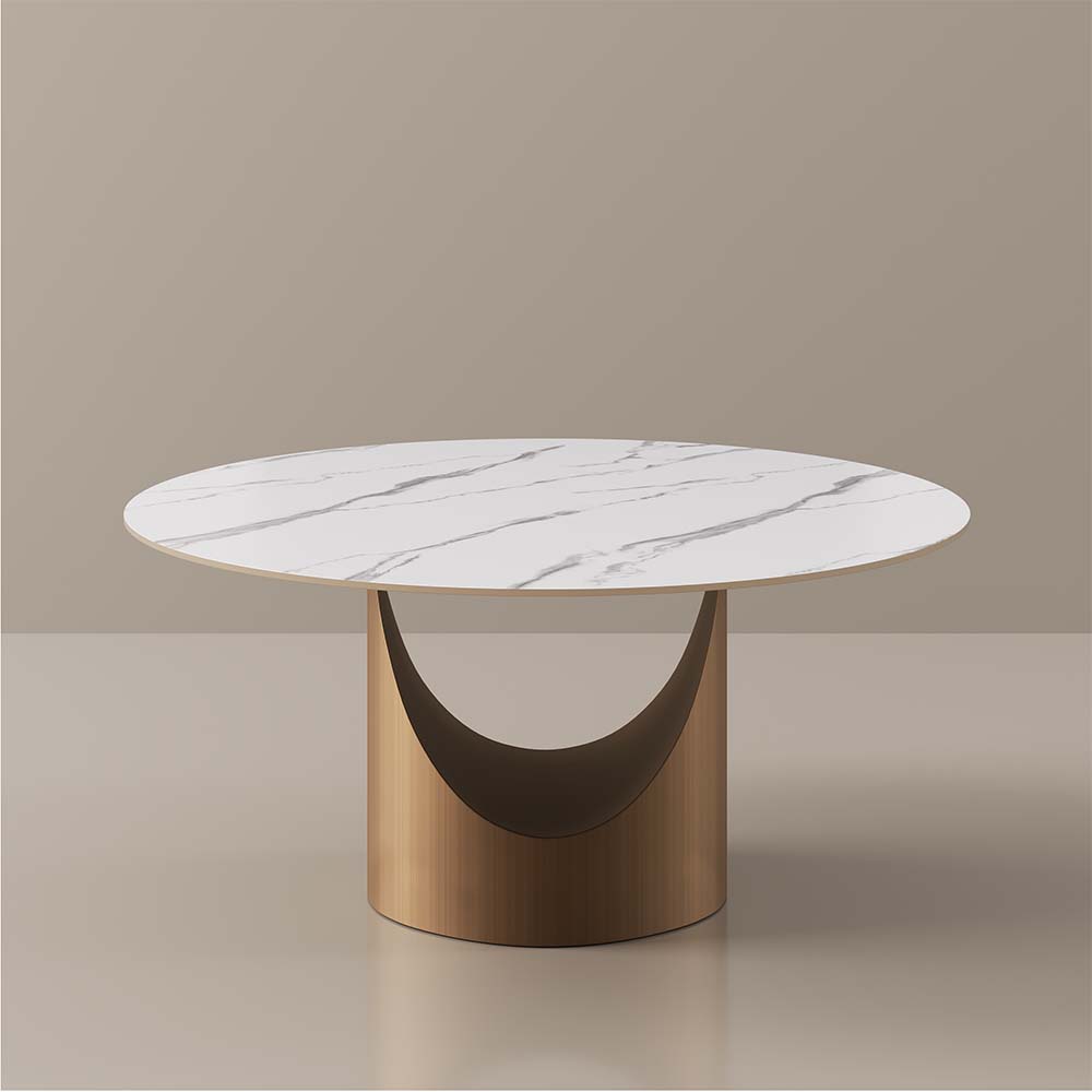 Alt View 6. POVISON - 59" White Round Matte Sintered Stone Dining Table with Bronze U-shaped Steel Base - White Matte Sintered Stone with Bronze Steel Base.