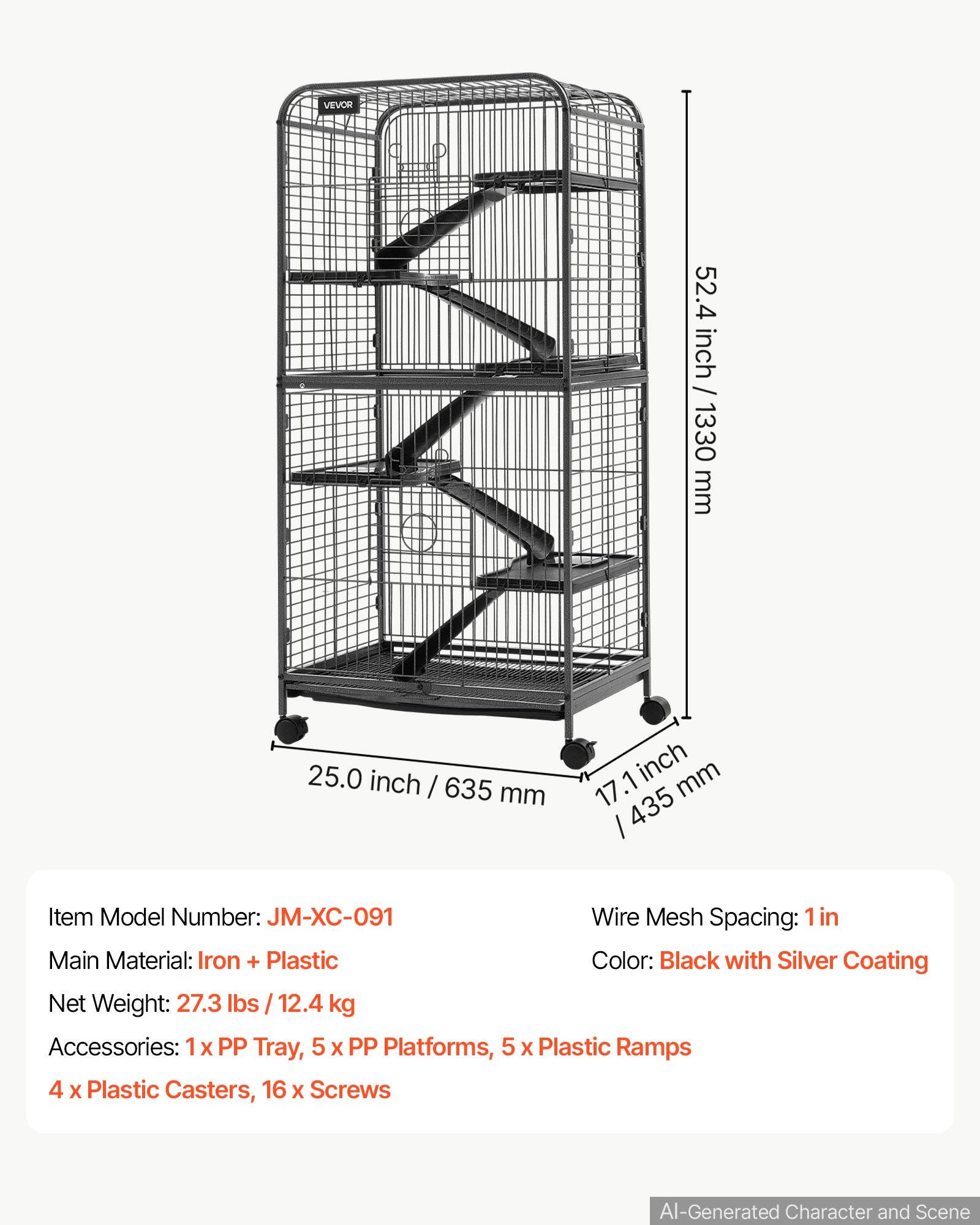 VEVOR

52.4 inch / 1330 mm  
25.0 inch / 635 mm  
17.1 inch / 435 mm  

Item Model Number: JM-XC-091  
Wire Mesh Spacing: 1 in  
Main Material: Iron + Plastic  
Color: Black with Silver Coating  
Net Weight: 27.3 lbs / 12.4 kg  
Accessories: 1x PP Tray, 5 x PP Platforms, 5 x Plastic Ramps, 4 x Plastic Casters, 16 x Screws