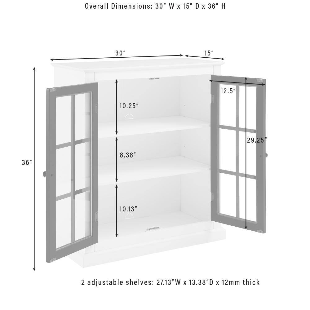 Overall Dimensions: 30" W x 15" D x 36" H

2 adjustable shelves: 27.13" W x 13.38" D x 12mm thick