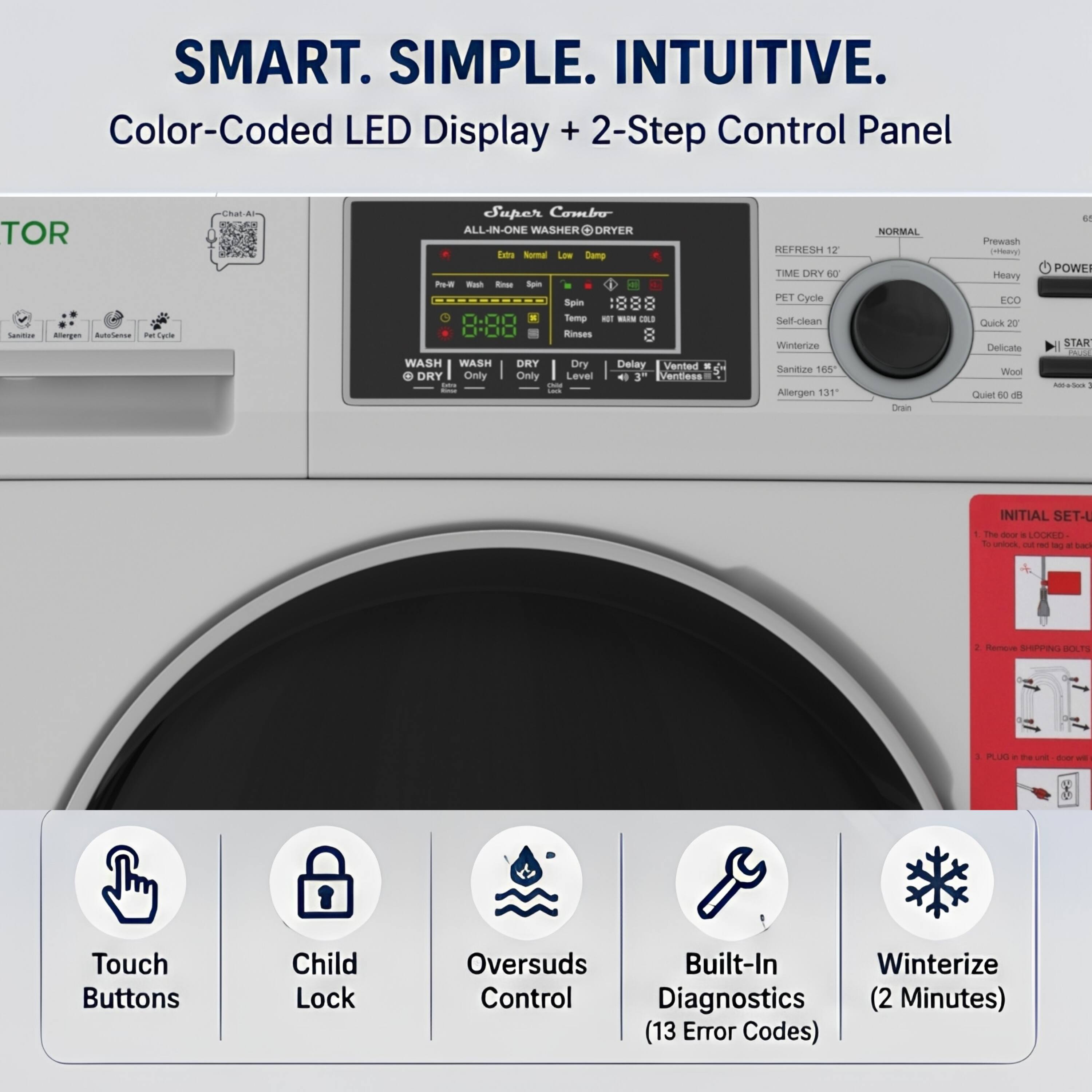 SMART. SIMPLE. INTUITIVE.  
Color-Coded LED Display + 2-Step Control Panel  

TOR  
Super Combo ALL-IN-ONE WASHER DRYER  

Tabo Nemal Low Damp PoR  
Spin: 888  
Temp: 0.00  
Rinses: 0.00  

WASH  
WASH DRY  
Dry Delay  
Vented DRY  
Only  
Only  

Level: 3"  
Ventess  

REFRESH 12 TIME  
DPY DB  
PET Cycle  
Selfclean  
Winterize  
Sanitize 160  
Allergen 131  

NORMAL  
Prewash  
Heavy  
ECO  
Quick 20  
Delicate  
Wool  
Quiet 60  

POWER STAR  
Ama Sua  

INITIAL SET-UP  
LOCKED to C  

Remote  
SHIPPING CATS  

Touch Buttons  
Child Lock  
Oversuds Control  
Built-In Diagnostics (13 Error Codes)  
Winterize (2 Minutes)