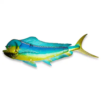 Front. G128 - 36 in Mahi-mahi Metal Wall Art Indoor Outdoor Tropical Fish Decor - vibrant multi-colors.