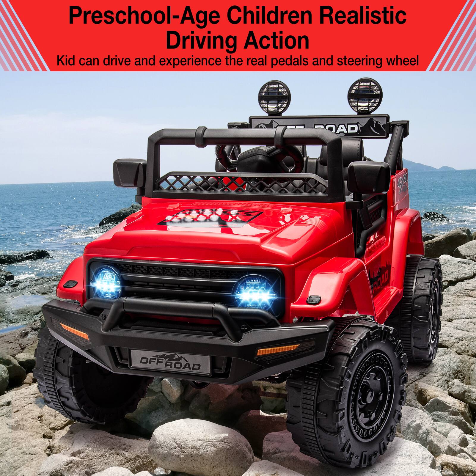 Preschool-Age Children Realistic Driving Action  
Kid can drive and experience the real pedals and steering wheel  

OFFROAD