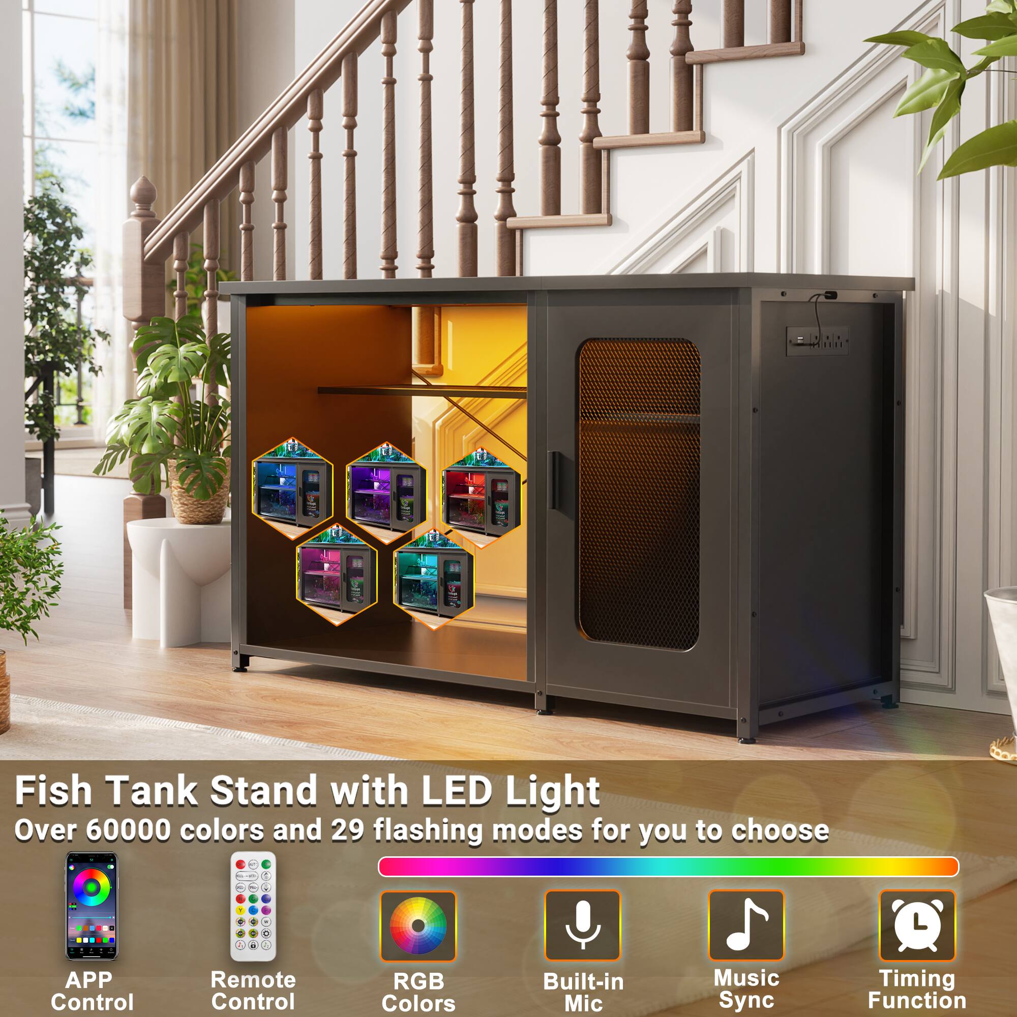 Fish Tank Stand with LED Light  
Over 60000 colors and 29 flashing modes for you to choose

- APP Control
- Remote Control
- RGB Colors
- Built-in Mic
- Music Sync
- Timing Function