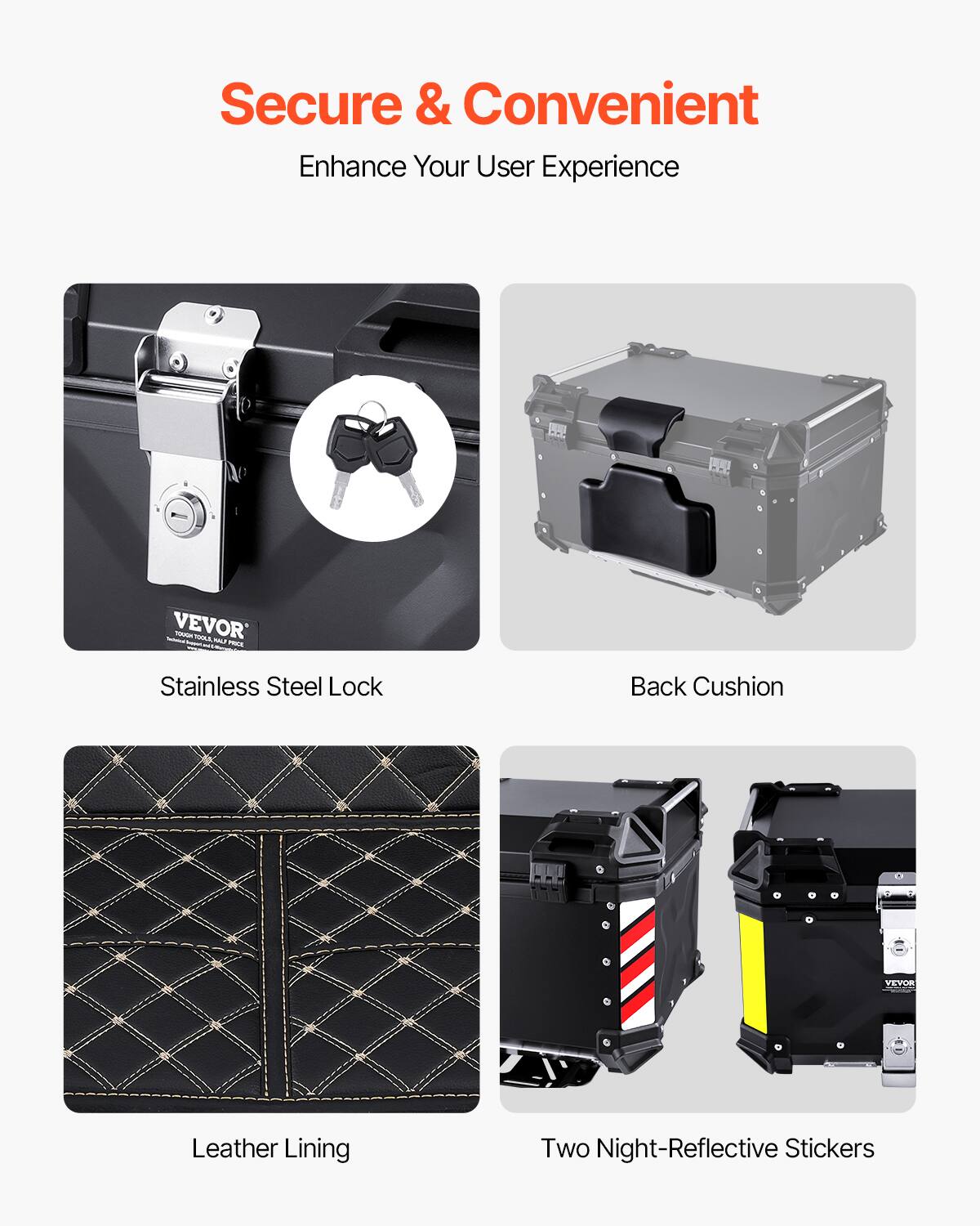 Secure & Convenient  
Enhance Your User Experience  

- Stainless Steel Lock  
- Back Cushion  
- Leather Lining  
- Two Night-Reflective Stickers