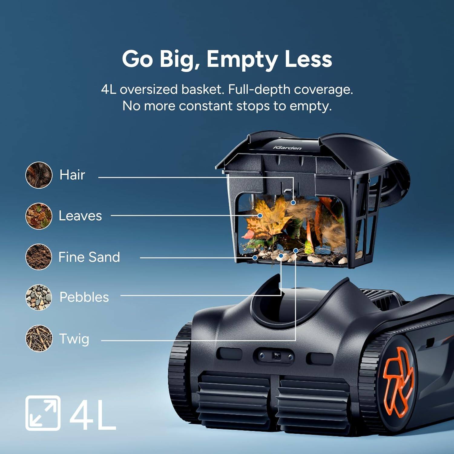 Go Big, Empty Less  
4L oversized basket. Full-depth coverage. No more constant stops to empty.  
Hair  
Leaves  
Fine Sand  
Pebbles  
Twig  
4L