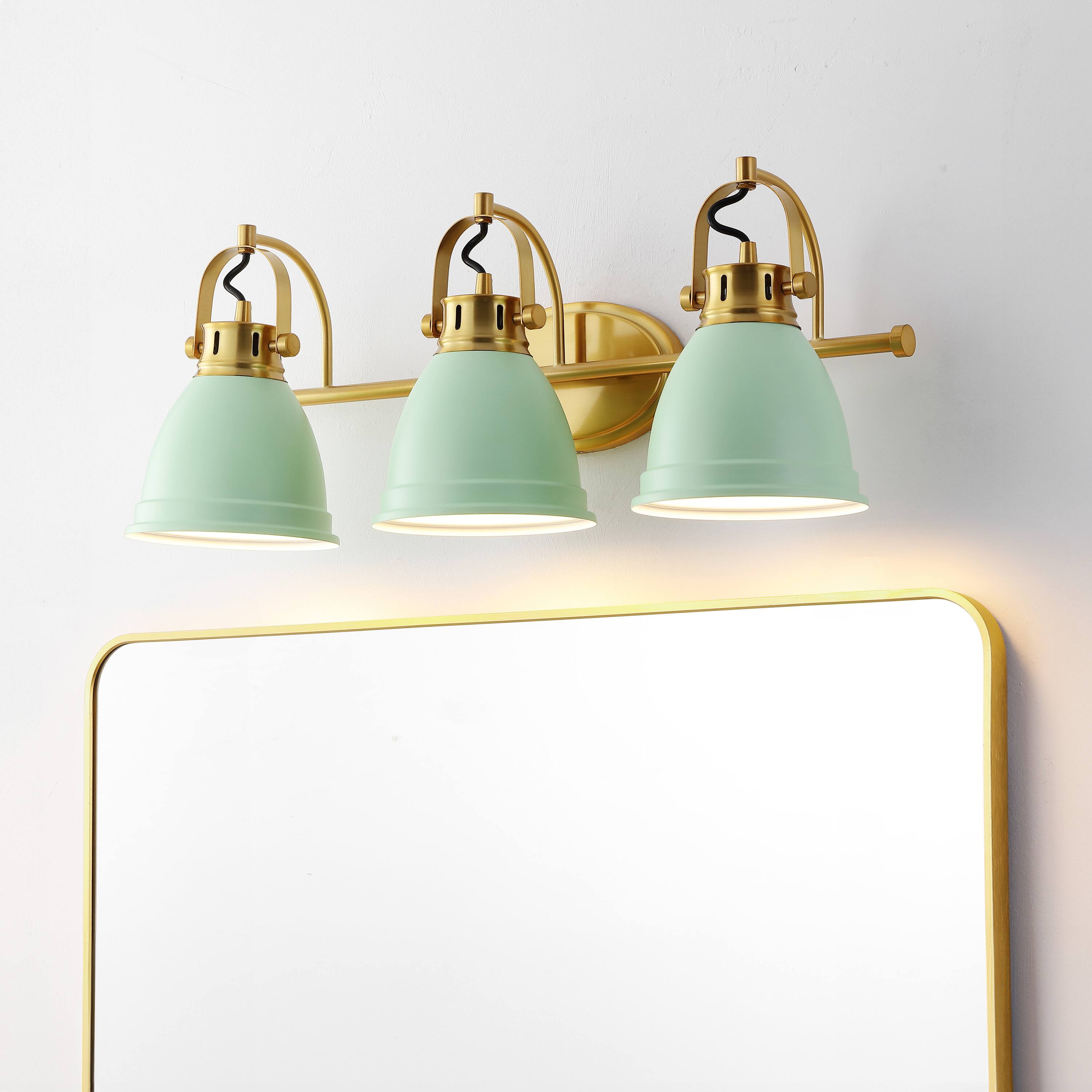 Alt View 1. Jonathan Y - Phineas 25.5" 3-Light Adjustable Farmhouse Bohemian Iron LED Vanity Light, Mint Green/Brass Gold - Mint Green.