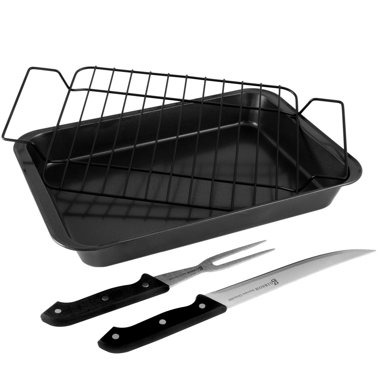 The image features a black plastic tray with a metal rack and a set of three knives. The knives are made of stainless steel and are placed next to the tray. The tray is designed for easy storage and organization of kitchen utensils, and the knives are likely used for various cooking tasks.