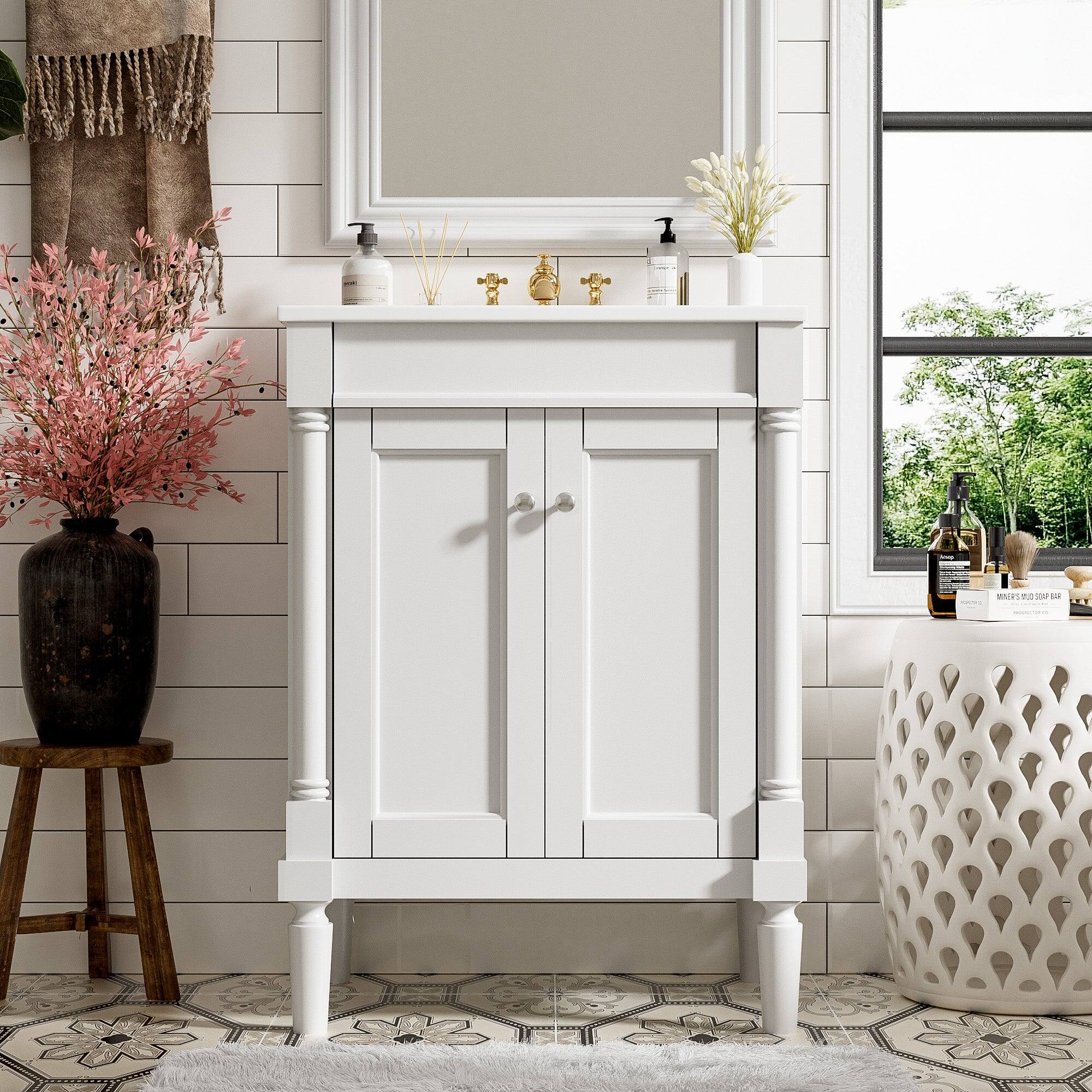 Alt View 1. Boyel Living - 24 Inch Bathroom Vanity White with Ceramic Sink Solid Wood Frame Double Door Storage - White.