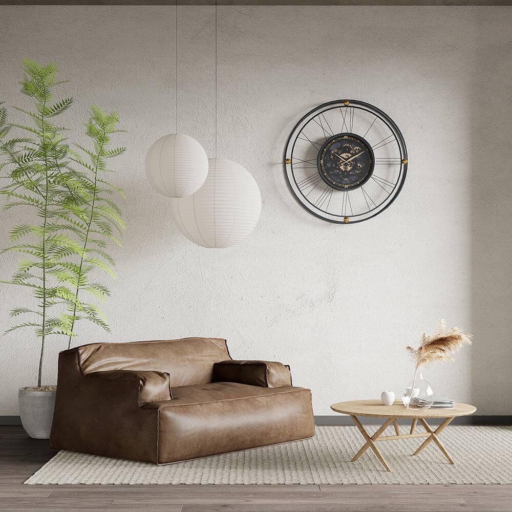 Left. BreeBe - 31.5x3x31.5' Large Gear Clock with Roman Numerals and Thin Metal Frame, Black/Gold - Black.