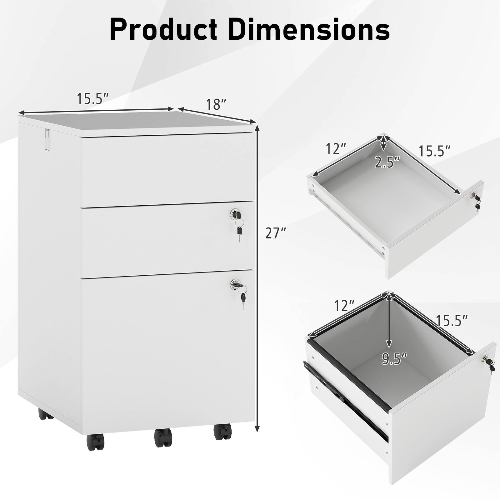 Product Dimensions: 15.5" x 18" x 27" (overall), 12" x 15.5" x 9.5" (drawer), 12" x 15.5" x 2.5" (top)