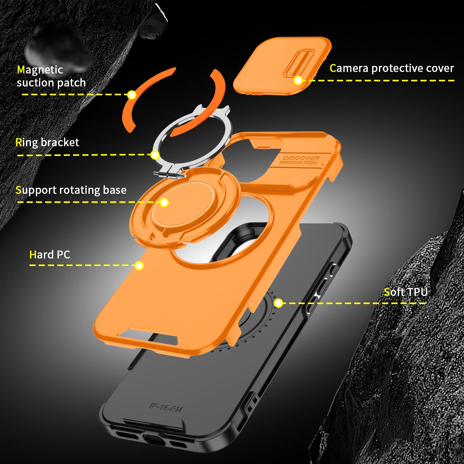 Magnetic suction patch  
Camera protective cover  
Ring bracket  
DISCOVER INNOVATION  
Support rotating base  
Hard PC  
Soft TPU  
IP-16-PM