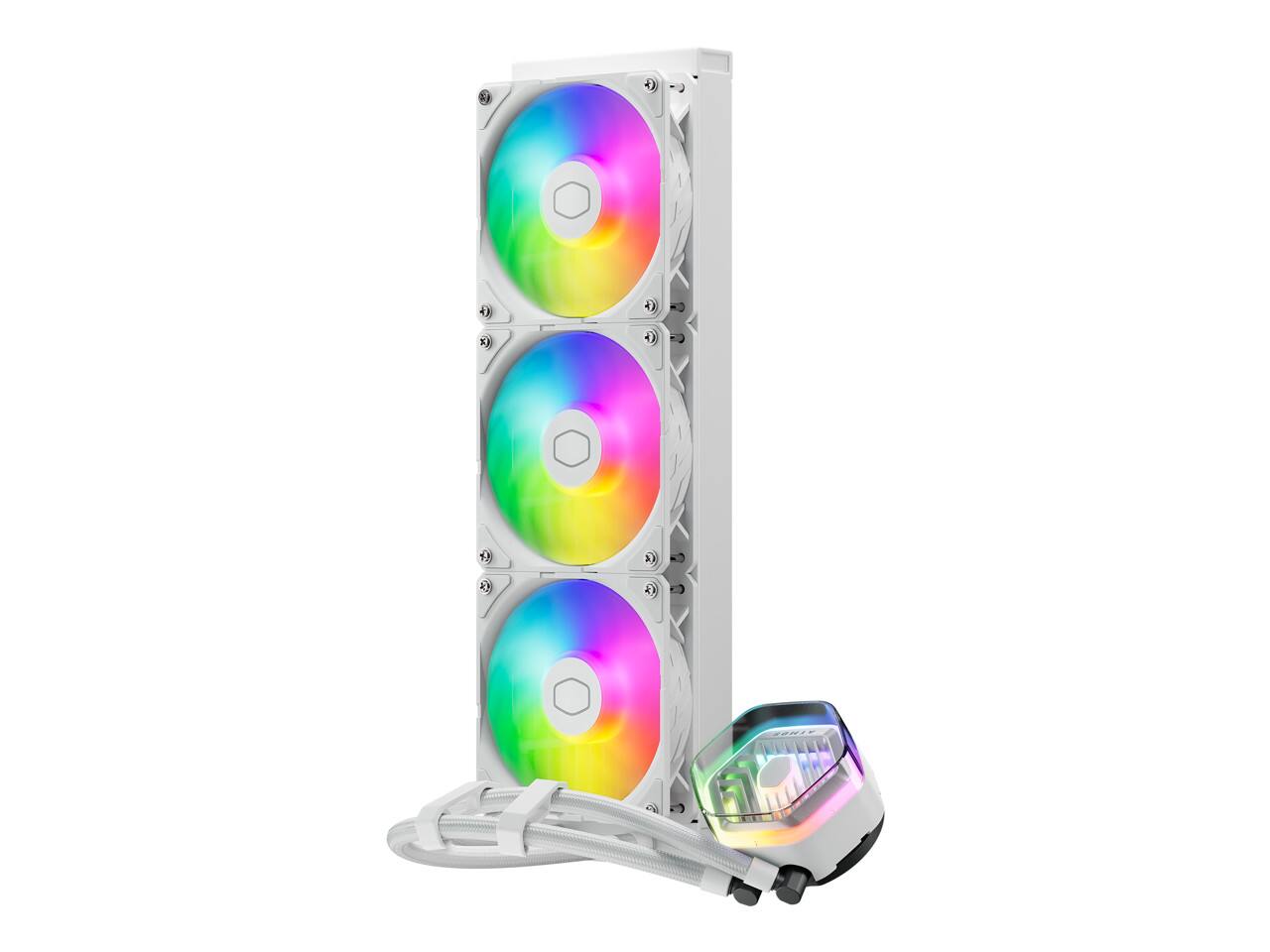 Left. Cooler Master - Cooler Master MasterLiquid 360 Atmos White - 4.72" Maximum Fan Diameter - 3 x Fan(s) - 70.70 CFM Maximum Airflow - 2500 - ARGB.