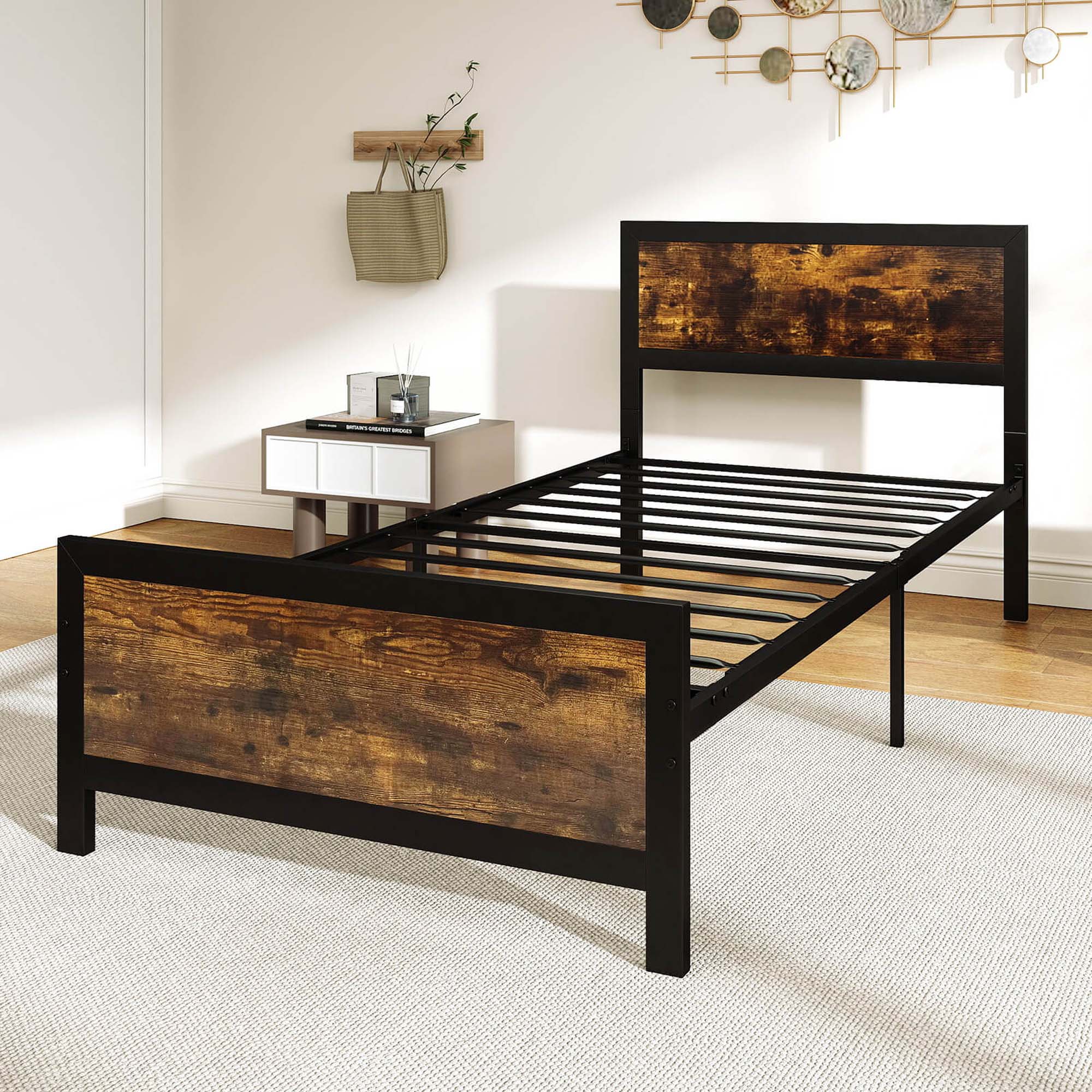 Alt View 5. Costway - Twin Size Metal Bed Frame with Headboard & Footboard Metal Slats Support - Brown.