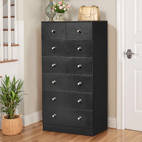 Winado - Modern Wood 7 Drawer Dresser Chest of Drawer Nightstand Anti-Tipping Device Metal Handle for Bedroom Living Room Hallway - Black